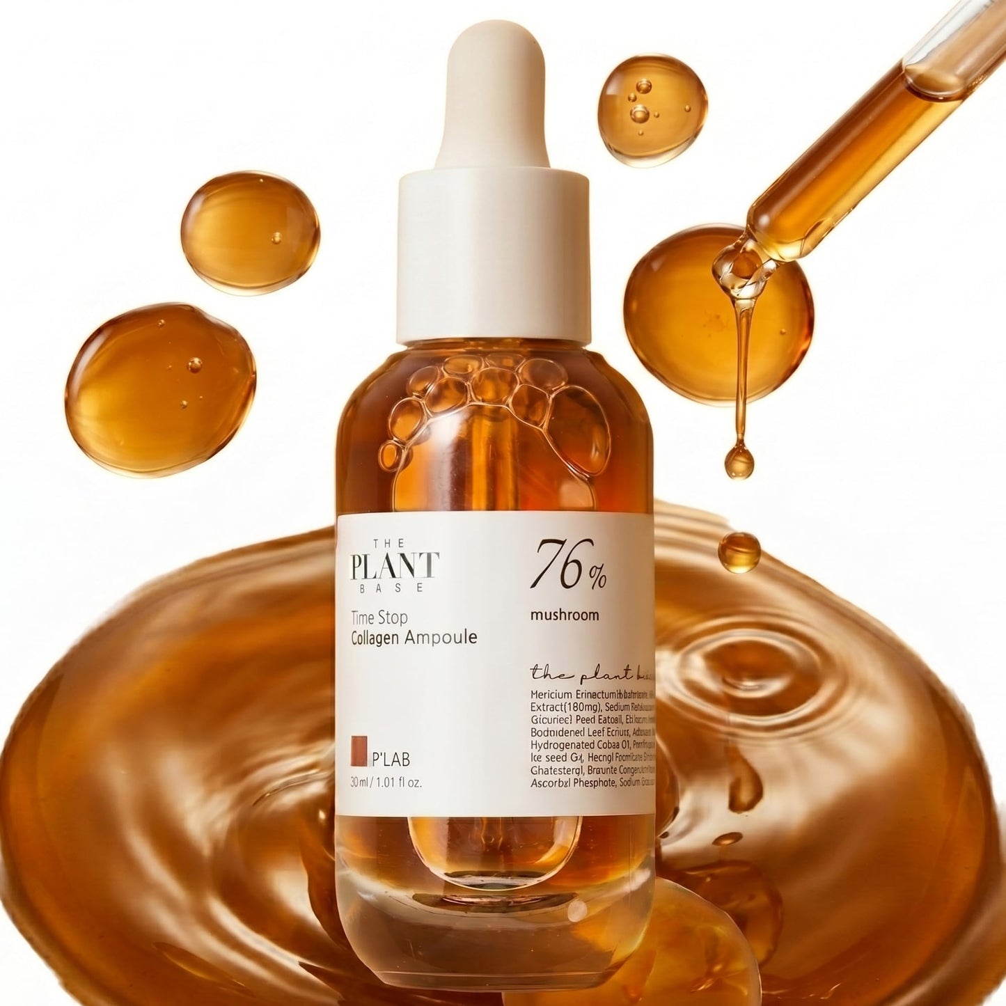 THE PLANT BASE Korean Collagen Serum – Time Stop Mushroom Ampoule, 76.5% Mushroom Extract & Vegan Collagen Face Serum for Anti-Aging, Firming & Plumping | K-Beauty Award Winner, 1.01 fl oz