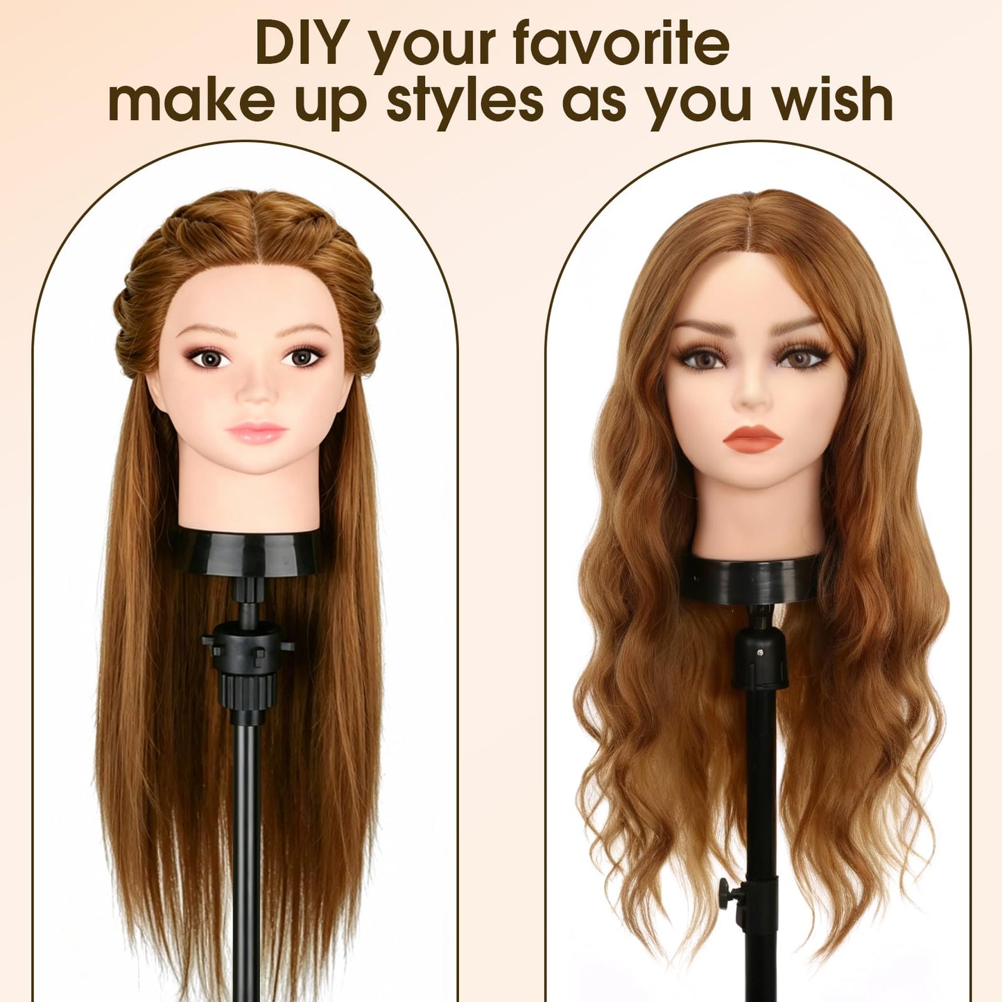 Mannequin Head with 80% Human Hair, TopDirect 24" Brown Real Hair Cosmetology Mannequin Head Hair Styling Hairdressing Practice Training Doll Heads with Clamp Holder and Tools