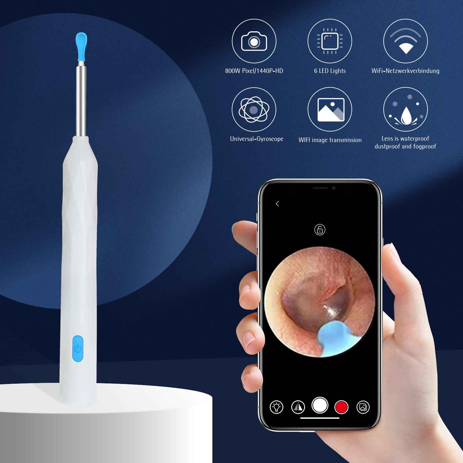Ear Wax Removal, Ear Wax Removal Tool Camera with 1440P, Ear Cleaner with Camera and 7 Pcs Ear Set, Earwax Removal Kit with 6 Led Lights for iPhone, IPad, Android Phones (White)