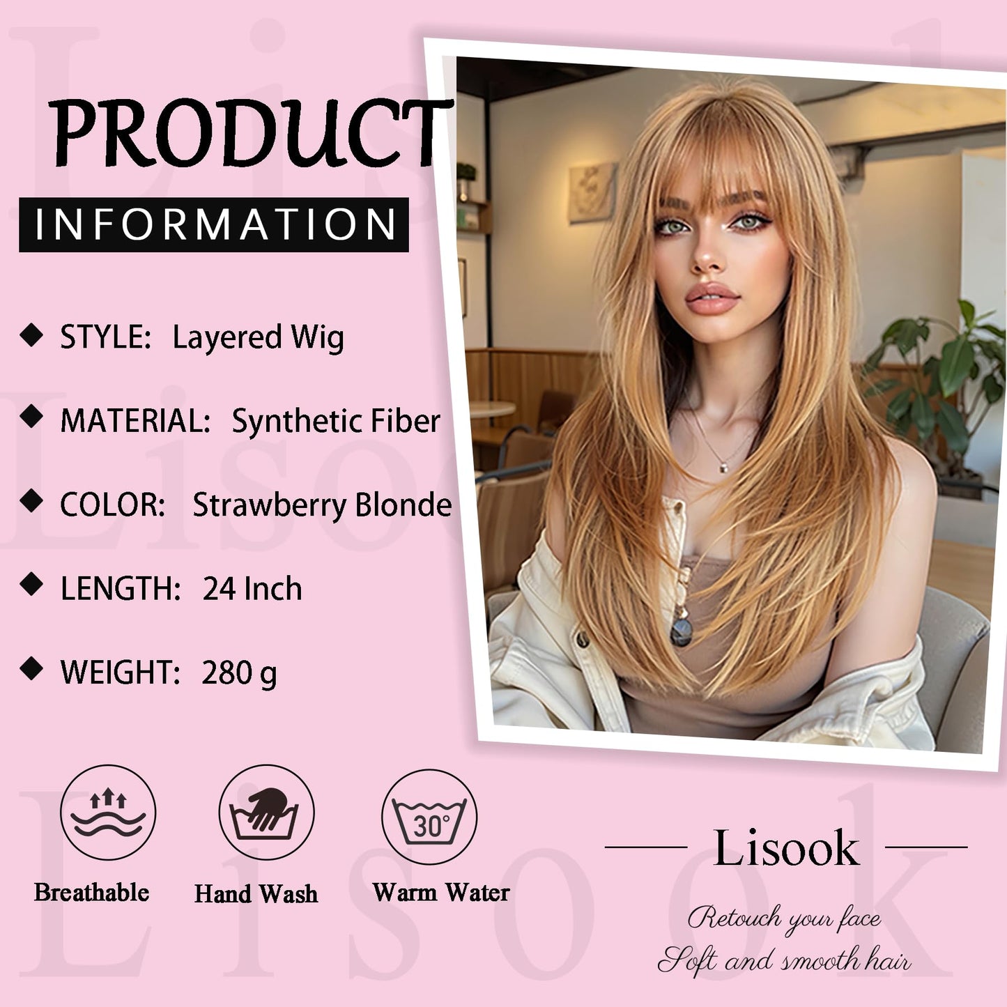 Lisook Strawberry Blonde Wig with Bangs Long Straight Wigs for White Women Layered Wig Synthetic Natural Hair Wigs for Women Hair Replacement Wig Realistic for Cosplay Holiday Daily Party Use 24 Inch