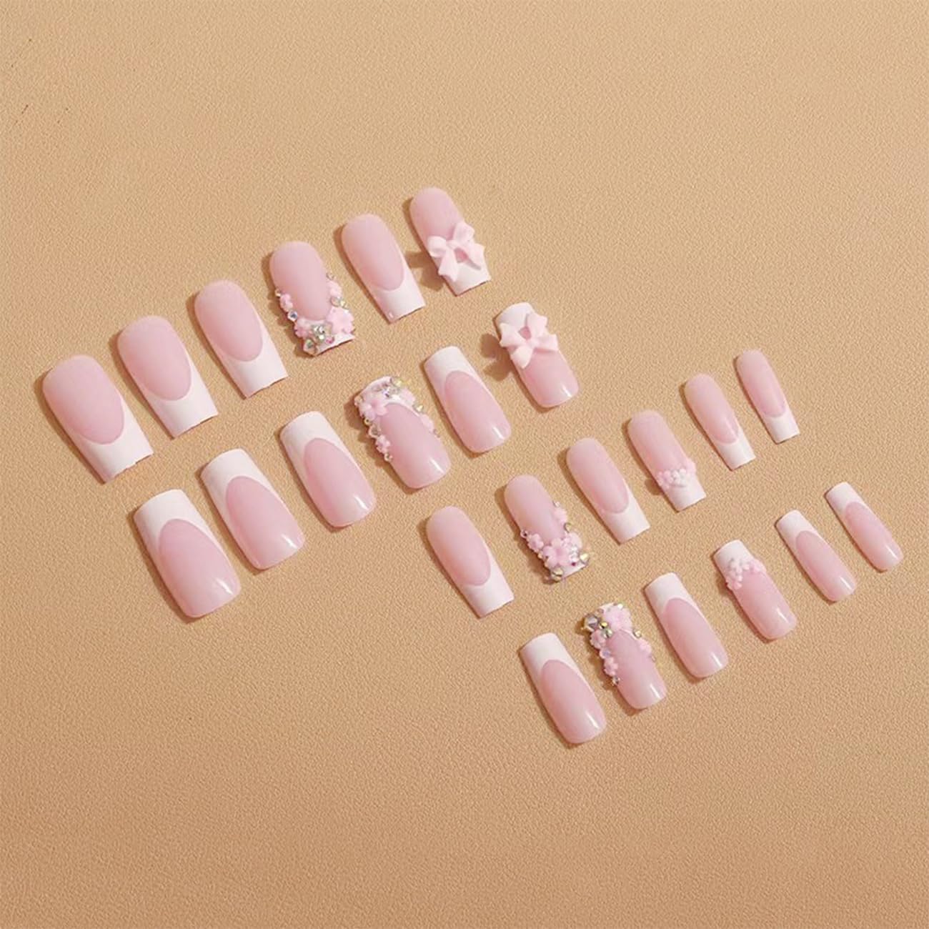 24pcs French Tip Press-On Nails - Short, Charms, Bow, Flower Design, Pink, Cute, Square Shape, Acrylic, Rhinestones