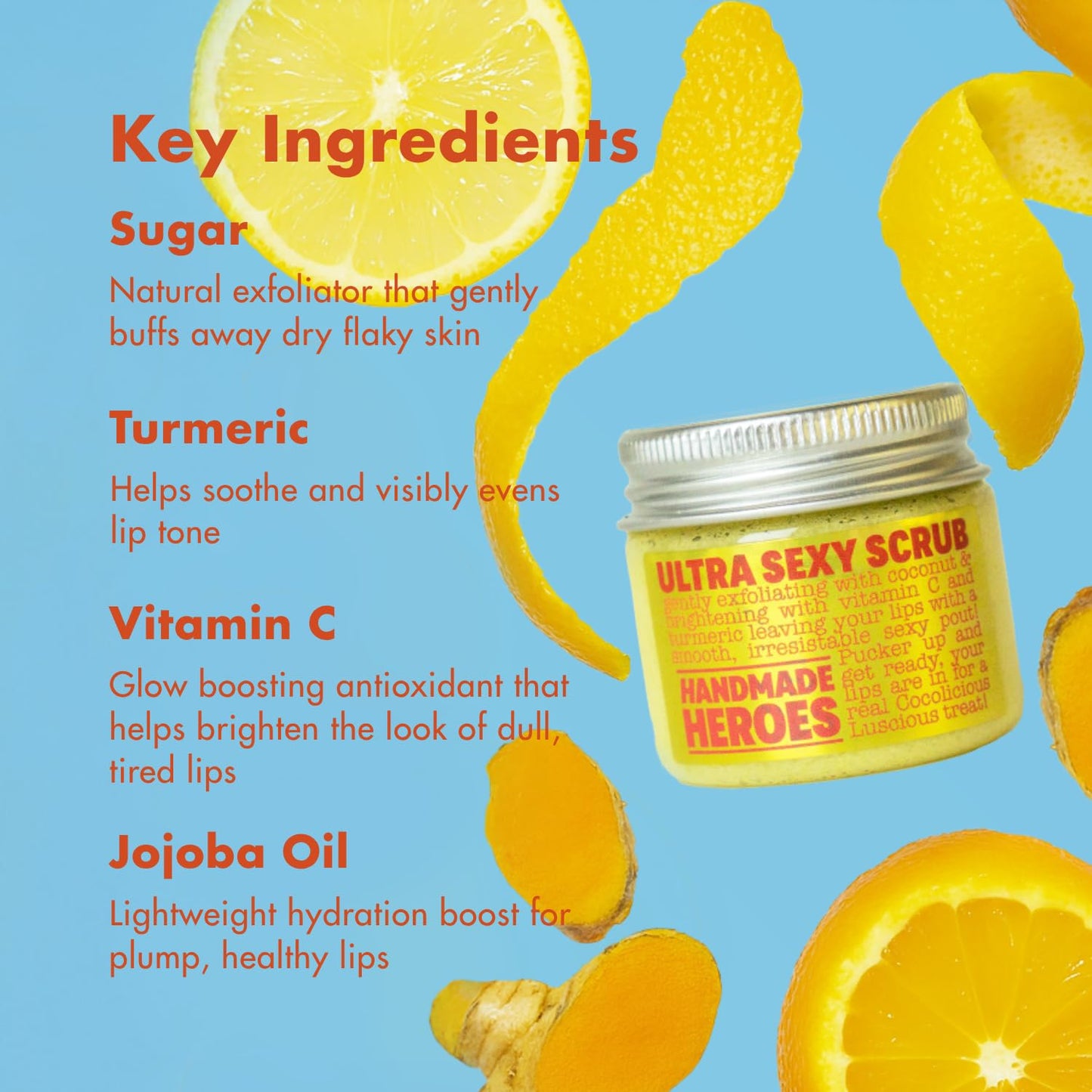 Handmade Heroes Turmeric Lip Scrub with Vitamin C – 100% Natural Vegan Exfoliant To Smooth Dark Dry Chapped & Smokers Lips – Deep Conditioning Sugar Polish Exfoliator Scrubber 1oz