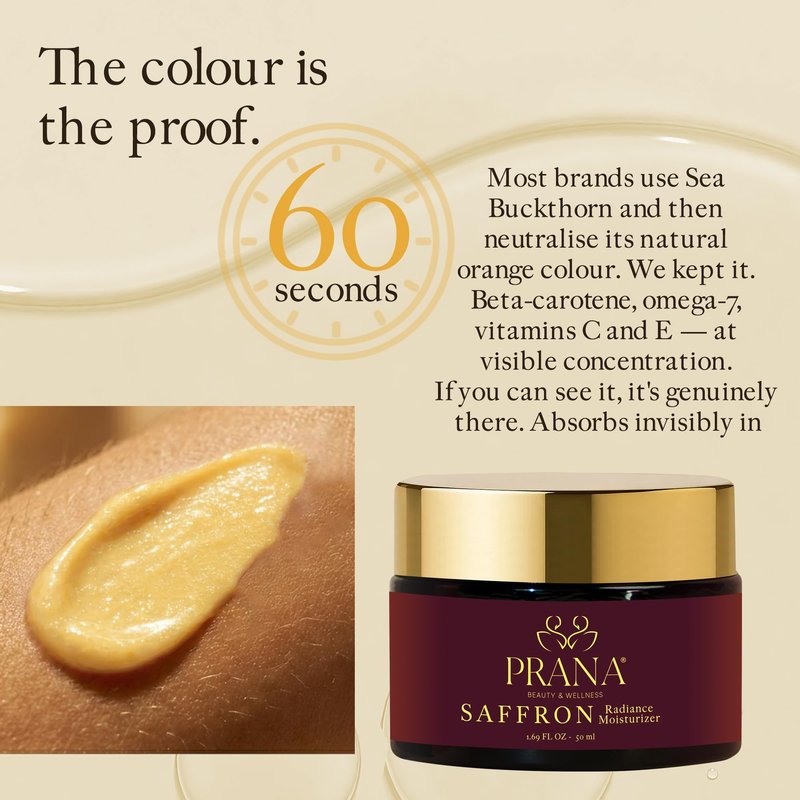 PRANA Saffron Radiance Face Moisturizer – Ayurvedic Hydrating Cream with Saffron, Ashwagandha, Bakuchiol & Shea butter – Daily Moisturizer for Skin Repair & Radiance – Vegan & Cruelty-Free (50ml)