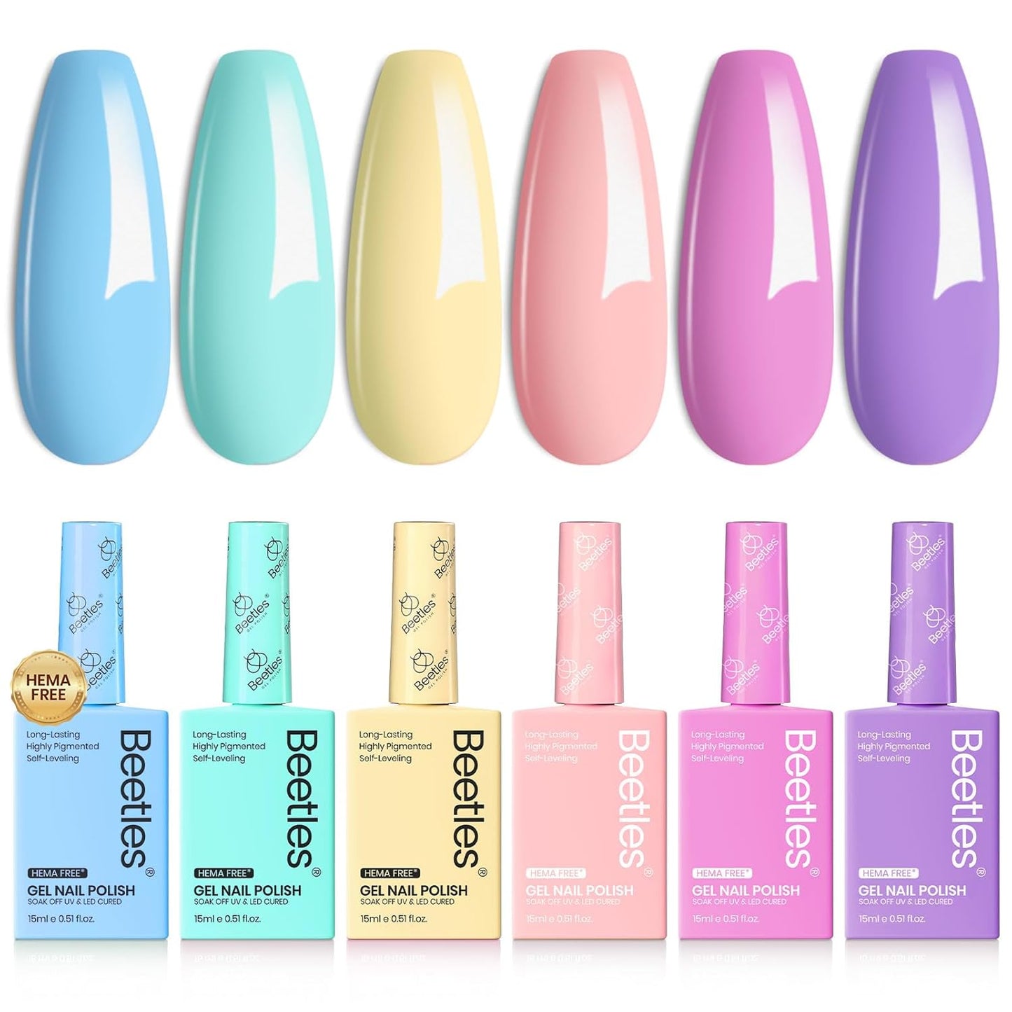 Beetles Pastel Gel Polish Set - Hema-Free Fairy Tale Dream Colors | 15ML Yellow, Pink, Blue, Purple