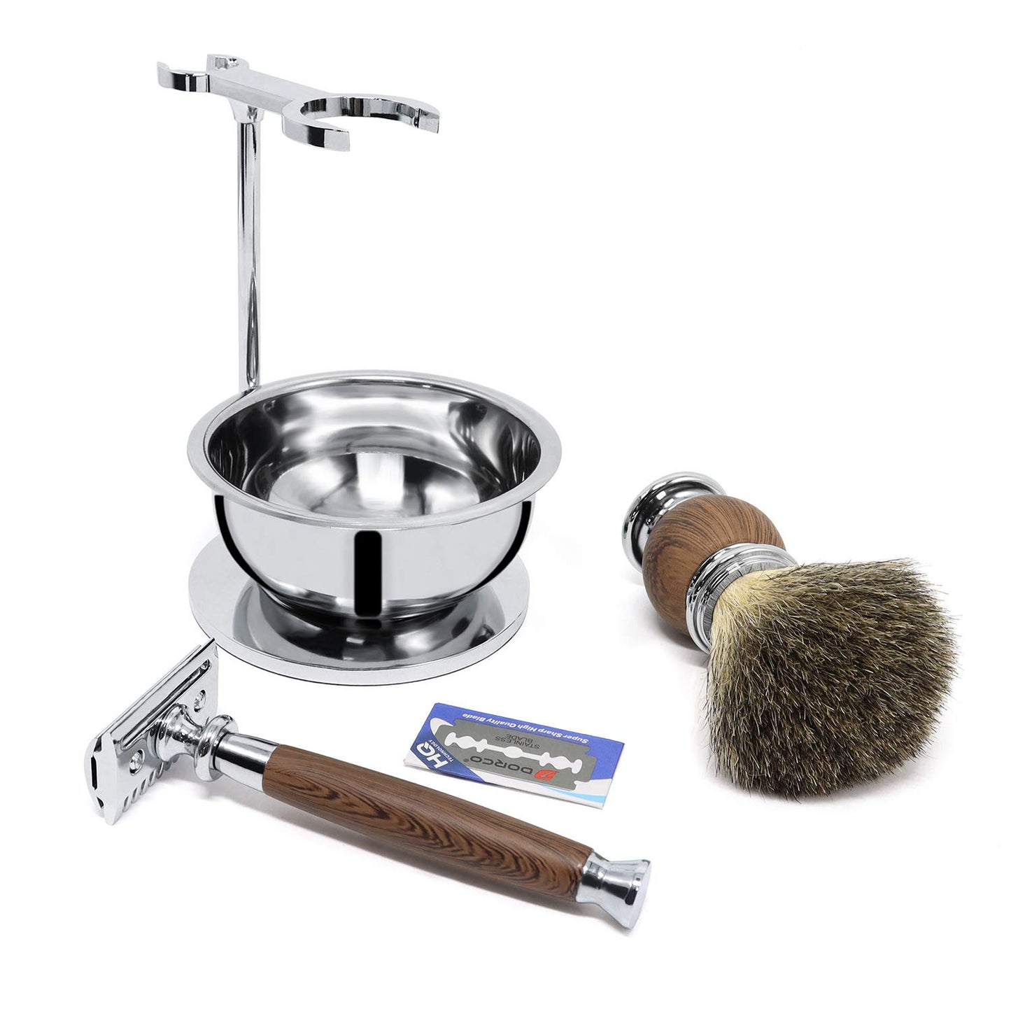 Jolitac Wet Shaving Kit For Men - Badger Hair Shaving Brush, Shaving Stand, Stainless Steel Shaving Bowl Mug, Double Edge Safety Razor, Men's Safety Razor Grooming Gift Set (Wood)