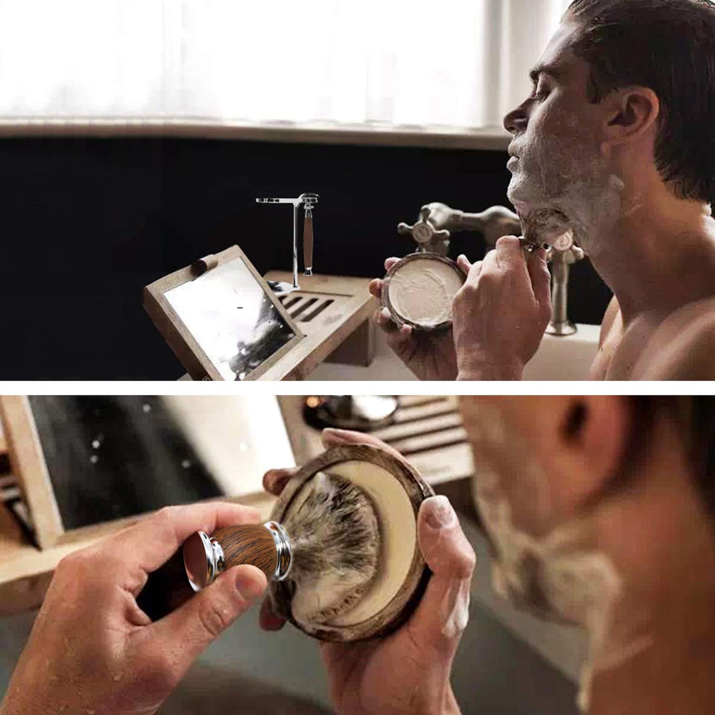 Jolitac Wet Shaving Kit For Men - Badger Hair Shaving Brush, Shaving Stand, Stainless Steel Shaving Bowl Mug, Double Edge Safety Razor, Men's Safety Razor Grooming Gift Set (Wood)