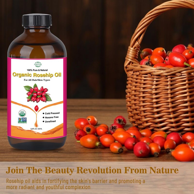 MMPANG Rosehip Seed Oil for Face, 100% Pure Natural Organic Rosehip Oil Cold Pressed Unrefined Facial Oil for Anti-Aging, Acne Scar, Moisturizing Skin Hair Care (No Dropper, 8.45oz/250ml)