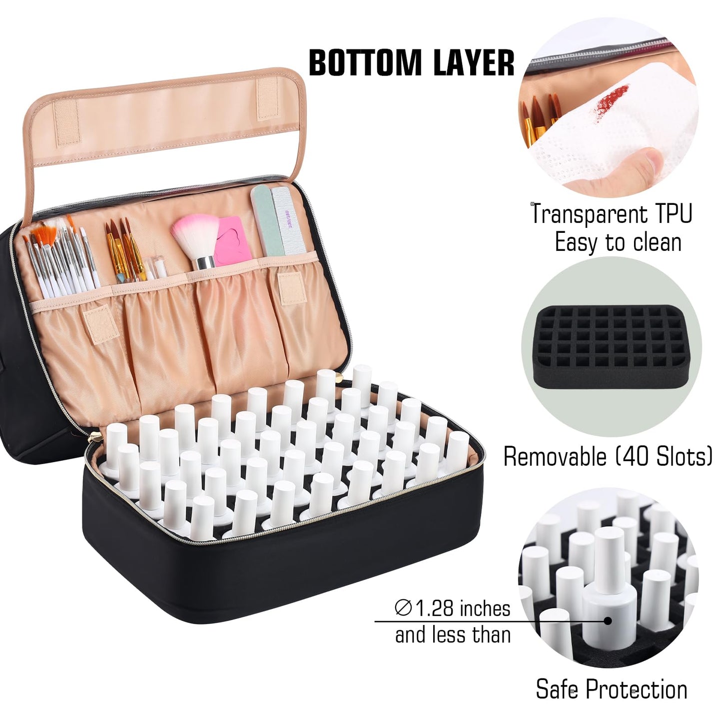 GR69N Nail Polish Organizer Bag,Double Layer Nail Polish Storage Fits a Nail Lamp and 40 Bottles,Great Size Nail Storage Organizer For Nail Drill,Nail Supplies Set (Bag Only)-Black