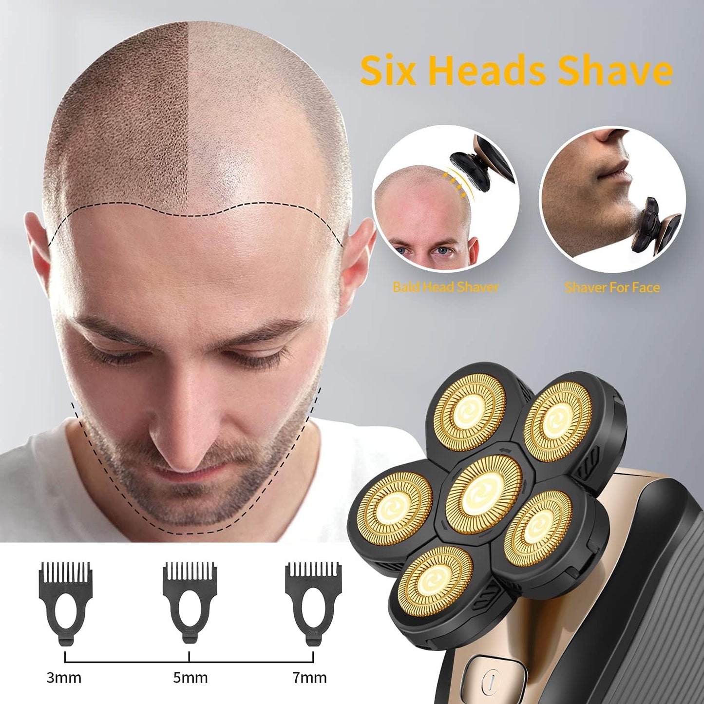 Multifunctional Bald Head Shaver - Waterproof Cordless Electric Razor Grooming Kit for Men | Gold Finish