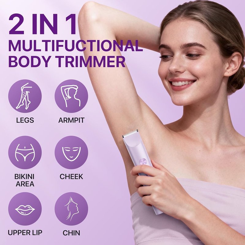 Bikini Trimmer for Women - Painless Electric Razor for Body, Leg & Facial Hair | Rechargeable Waterproof Shaver, Purple