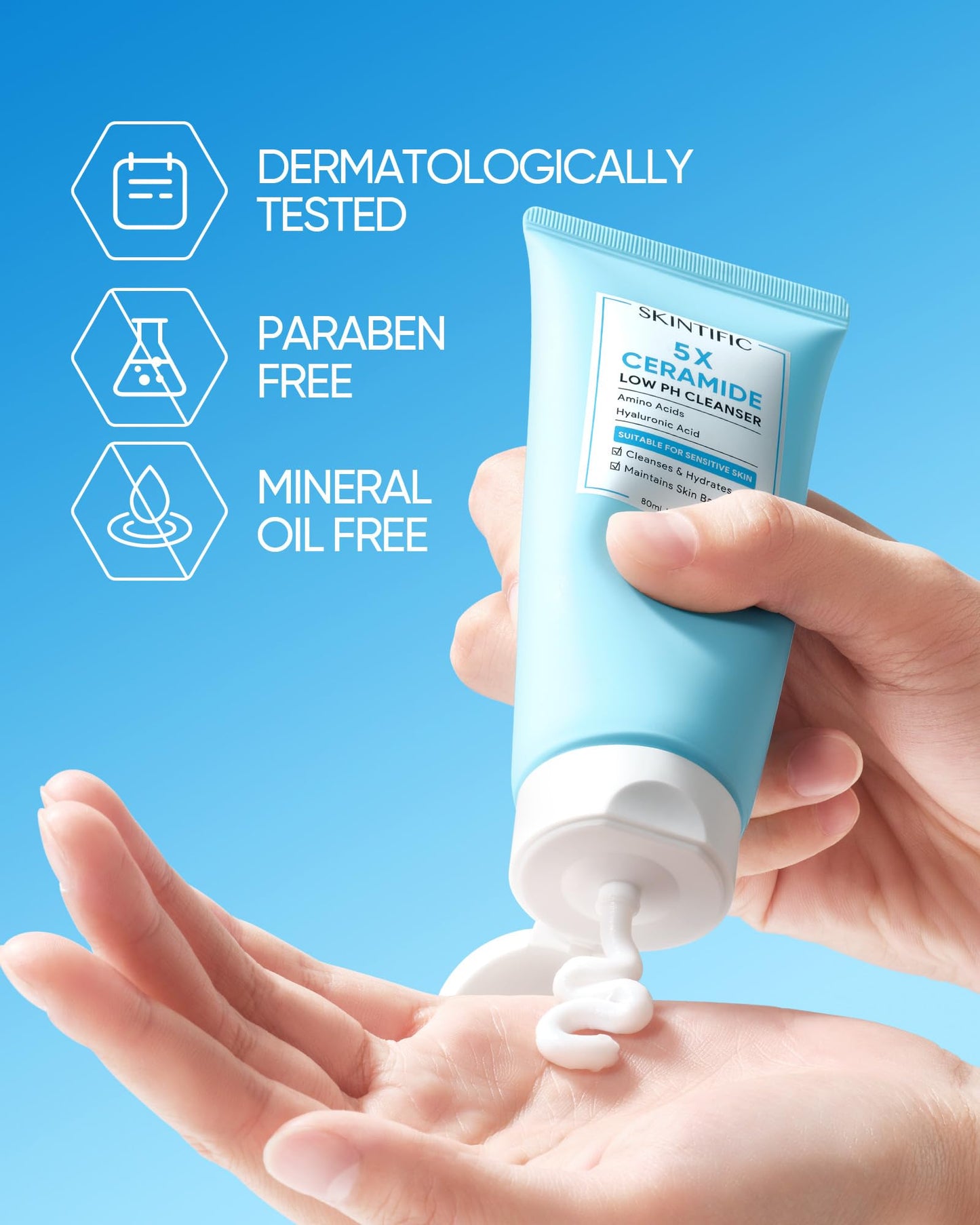 SKINTIFIC 5X Ceramide Low pH Facial Cleanser, Gentle Hydrating Face Wash with Hyaluronic Acid, Daily Face Wash for Dry to Normal Skin, Sensitive Skin Tested, Not Tight, Fragrance Free