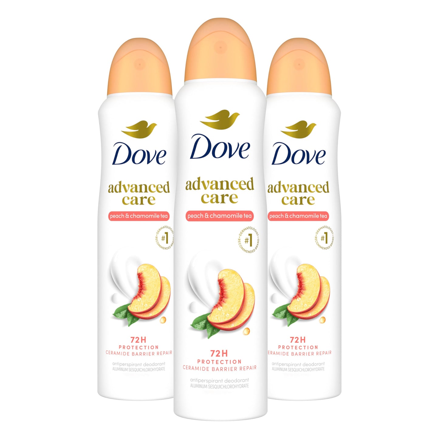 Dove Advanced Care Antiperspirant Deodorant Dry Spray Peach & Chamomile Tea 3ct underarm care boosts skin's ceramide levels 72hour odor control &all-day sweat protection ProCeramide technology 3.8 oz