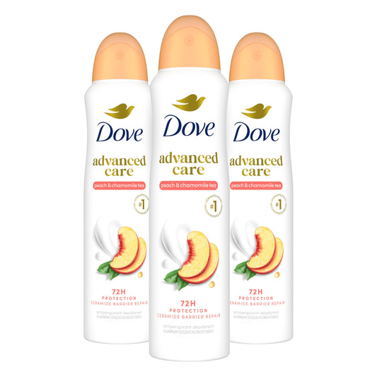 Dove Advanced Care Antiperspirant Deodorant Dry Spray Peach & Chamomile Tea 3ct underarm care boosts skin's ceramide levels 72hour odor control &all-day sweat protection ProCeramide technology 3.8 oz