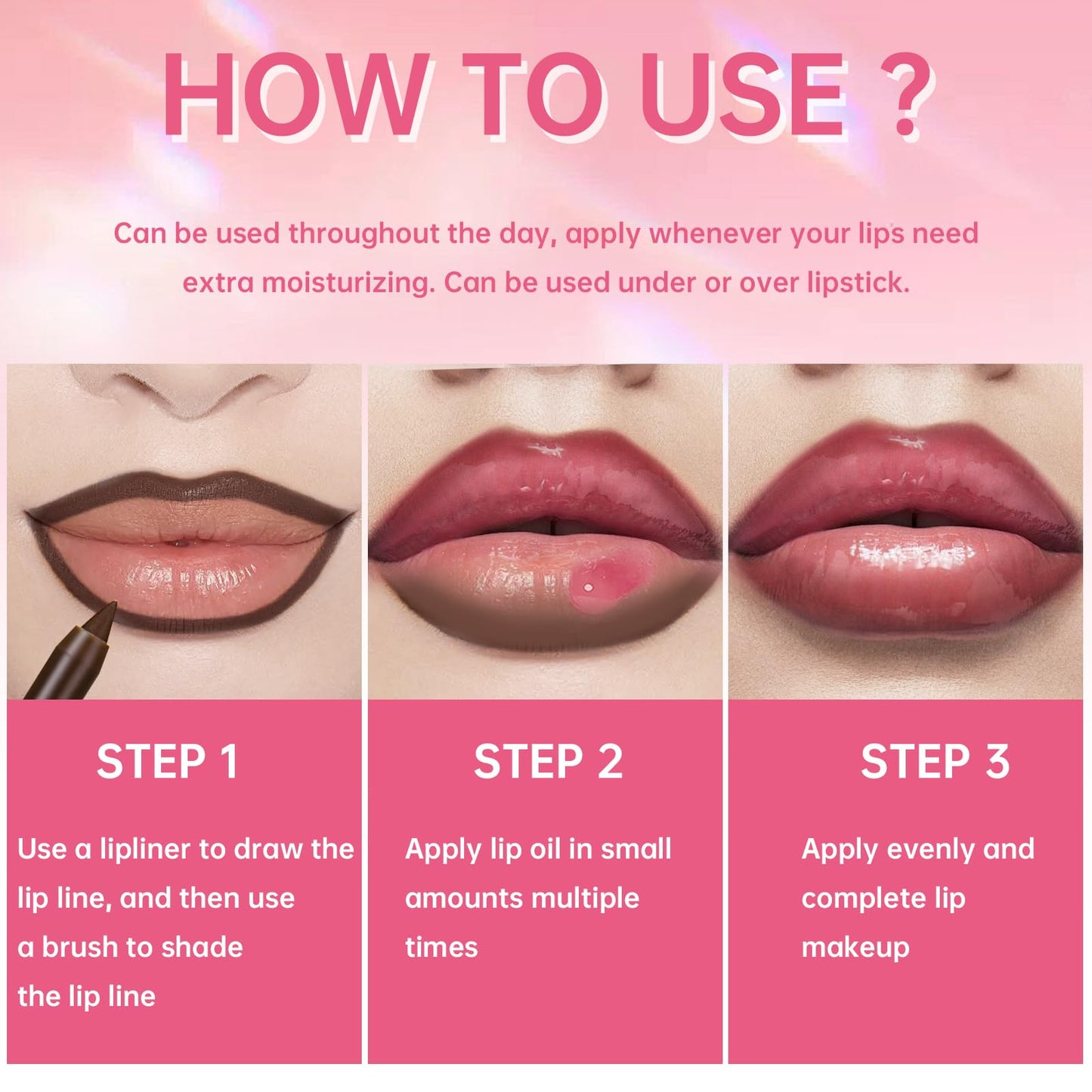 HOSAILY 4 Colors Hydrating Lip Oil Plumping + Lip Liner Set, Shiny Glow Reviver Lip Care Oil, Moisturizing Big Brush Head Clear Pink Glitter Transparent Lip Gloss Combo Makeup Present for Women