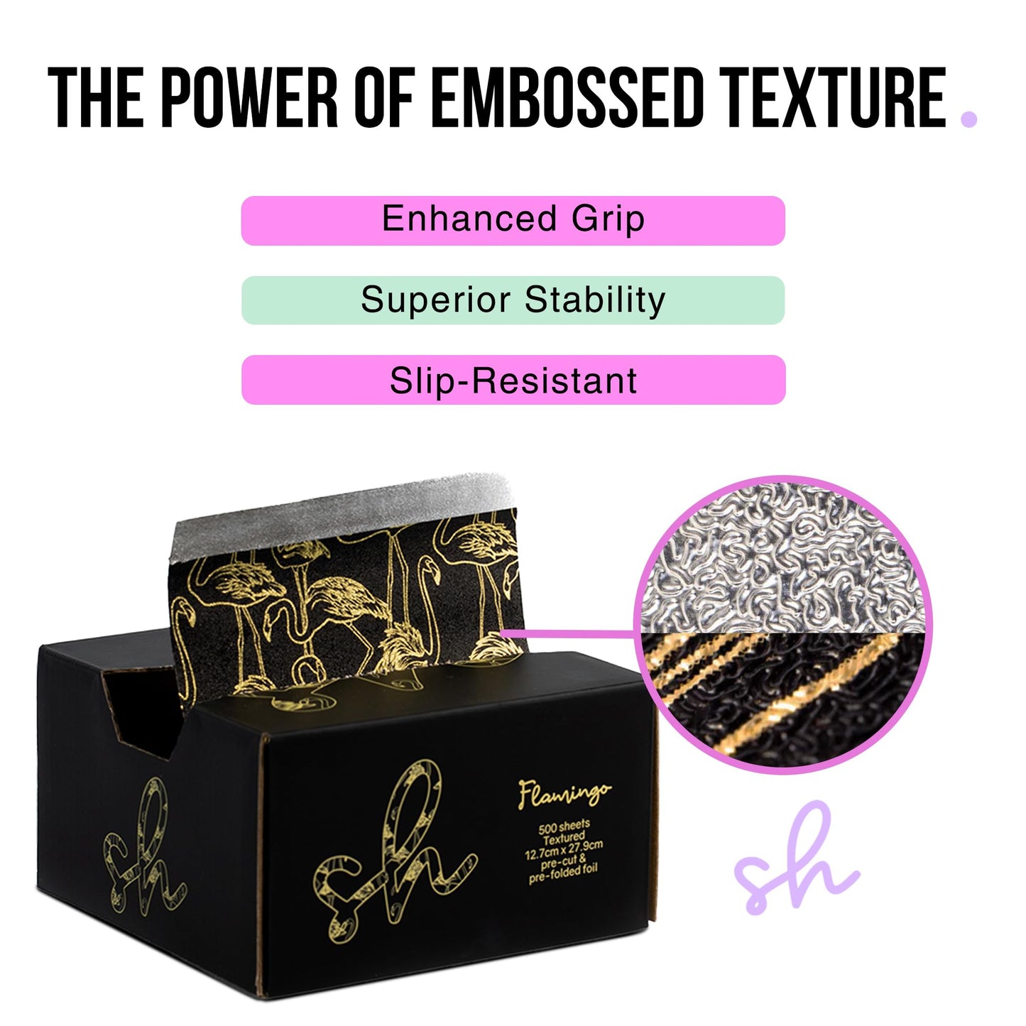 Simply Hair Pop-Up Hair Foil - 500 Pre-Cut & Folded Sheets for Hair Dye, Highlights & Balayage - Embossed, No-Slip Grip - Pop-Up Dispenser - 12.7x27.9cm - Flamingo
