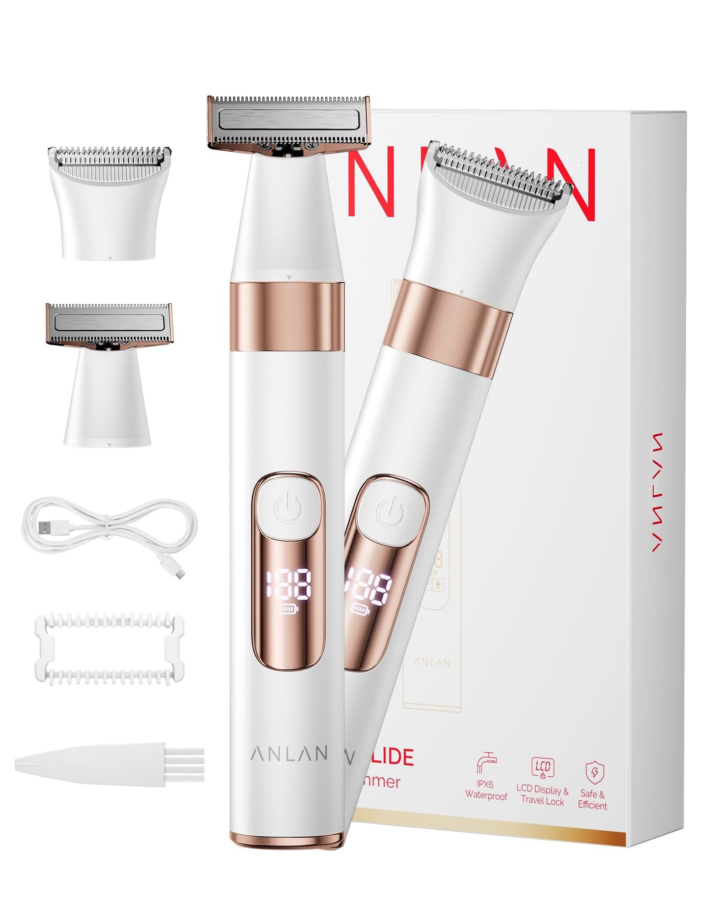 ANLAN Bikini Trimmer for Women, 2-in-1 Electric Shaver with Quiet Motor & 90min Rechargeable Battery, Waterproof IPX6 Razor, Painless Hair Removal for Sensitive Skin, Face & Body