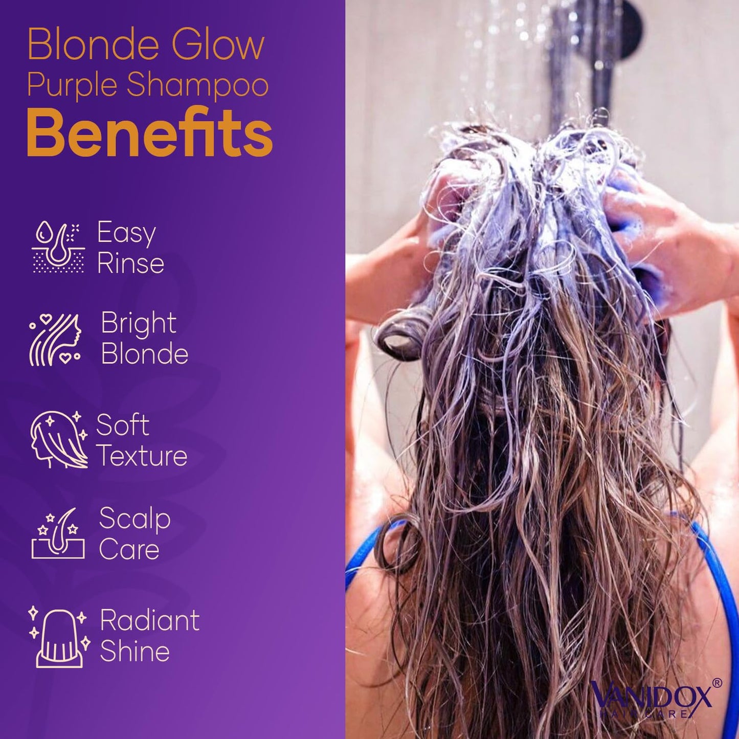 VANIDOX Sulfate Free Brass Toning Purple Shampoo for Blondes, Brown Highlighted, or Bleached Hair, Infused with Purple Rice Extract, Hyaluronic Acid, Vitamin E, and Chamomile Extract (16 fl oz)