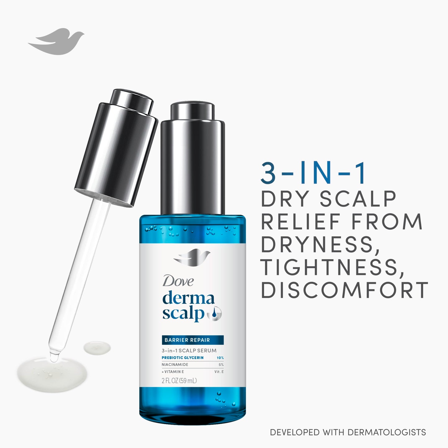 Dove Derma Scalp Dandruff Relief 3-in-1 Barrier Repair Serum 1 ct with Prebiotic Glycerin, Niacinamide and Vitamin E for Dandruff-Prone, Flaky, Dry Scalp 2 fl oz
