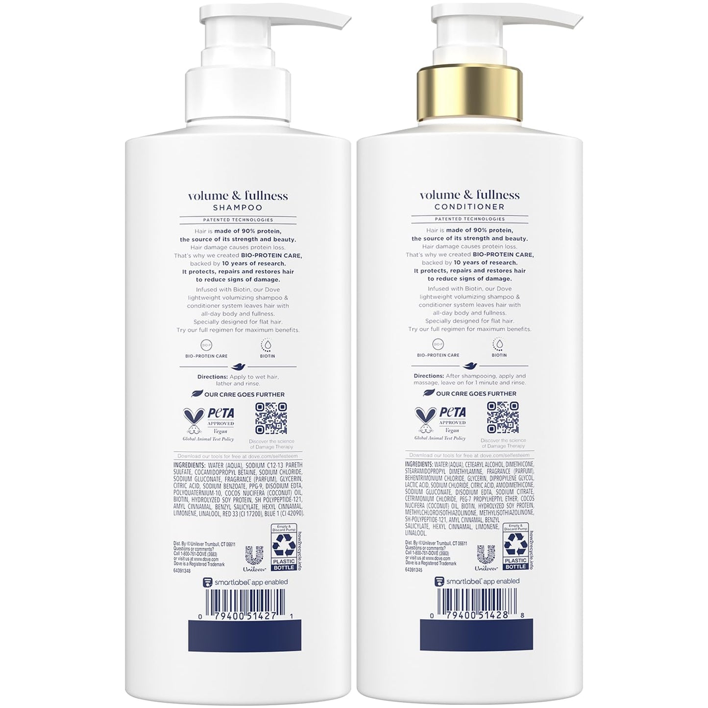 Dove Shampoo and Conditioner Set, Volume & Fullness – Daily Volumizing Hair Care Formula Infused with Collagen, 18 Oz Ea