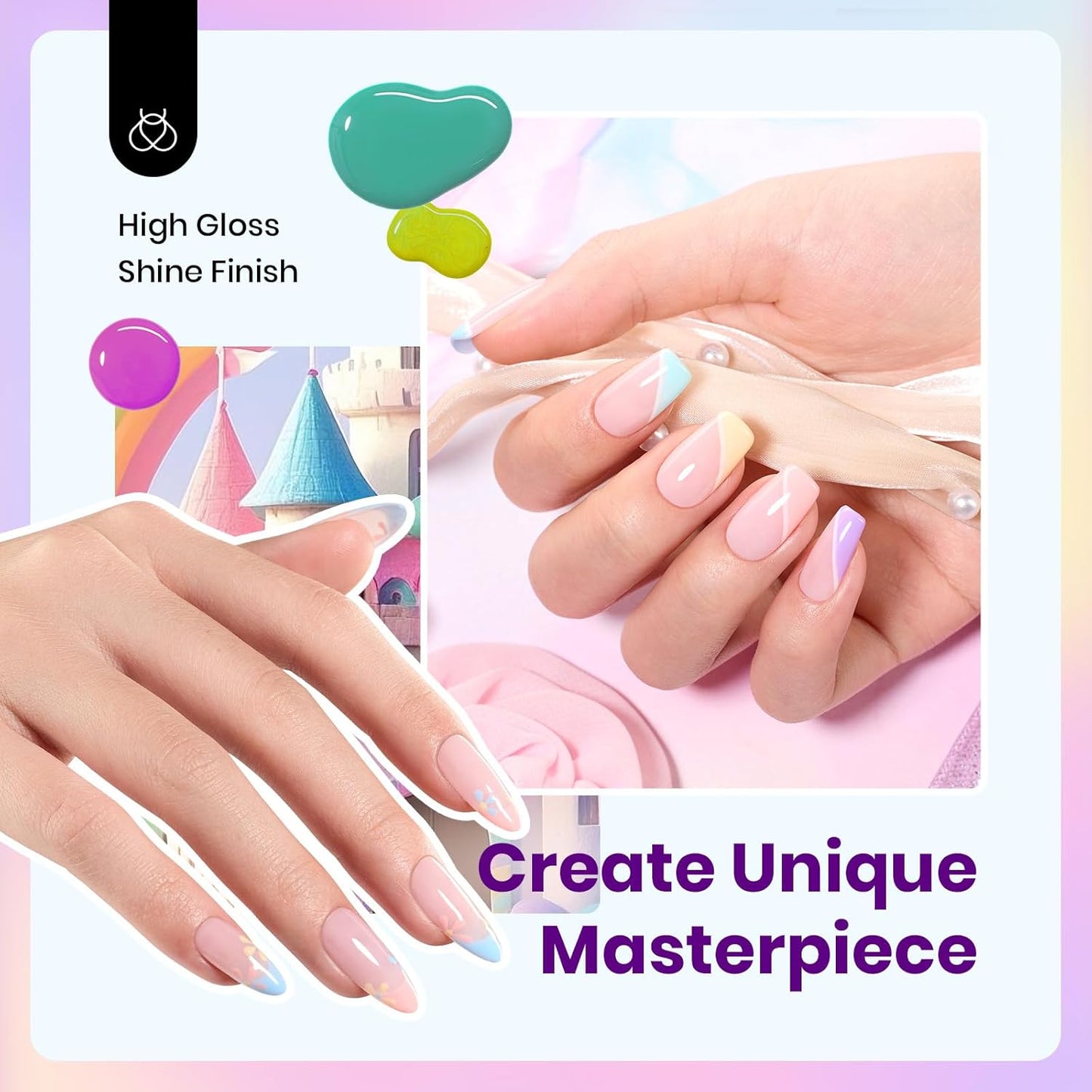 Beetles Pastel Gel Polish Set - Hema-Free Fairy Tale Dream Colors | 15ML Yellow, Pink, Blue, Purple