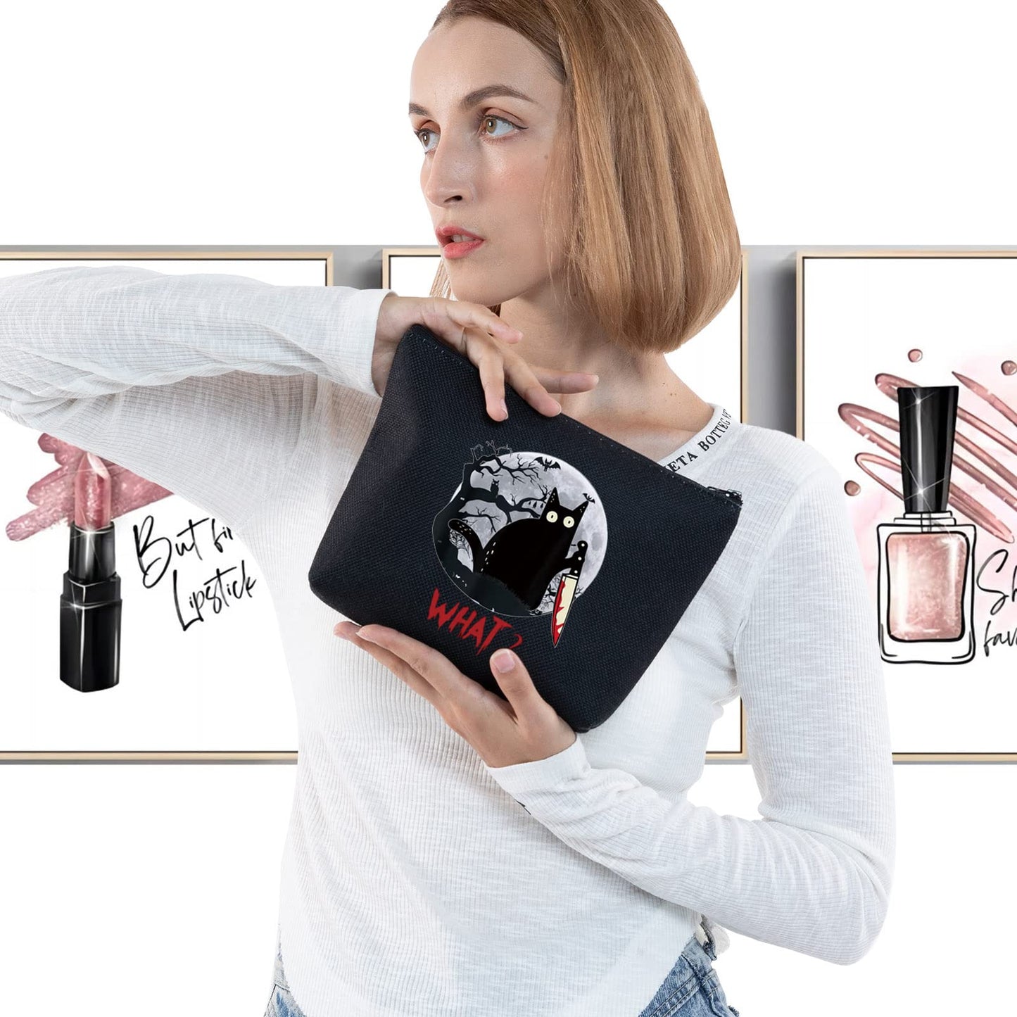 LEVLO Murderous Cat With Knife Cosmetic Make Up Bag Sneaky Cartoon Aminal Inspired Gifts Cat What Makeup Zipper Pouch Bag (C at What LT)