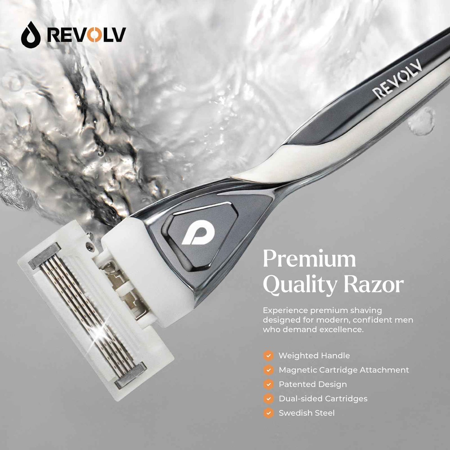REVOLV - Men’s Razor - 1 Premium Weighted Handle + 1 Dual-Sided Cartridge + 1 Stand - For a Closer, Smoother Shave - Safe on Sensitive Skin - Grey