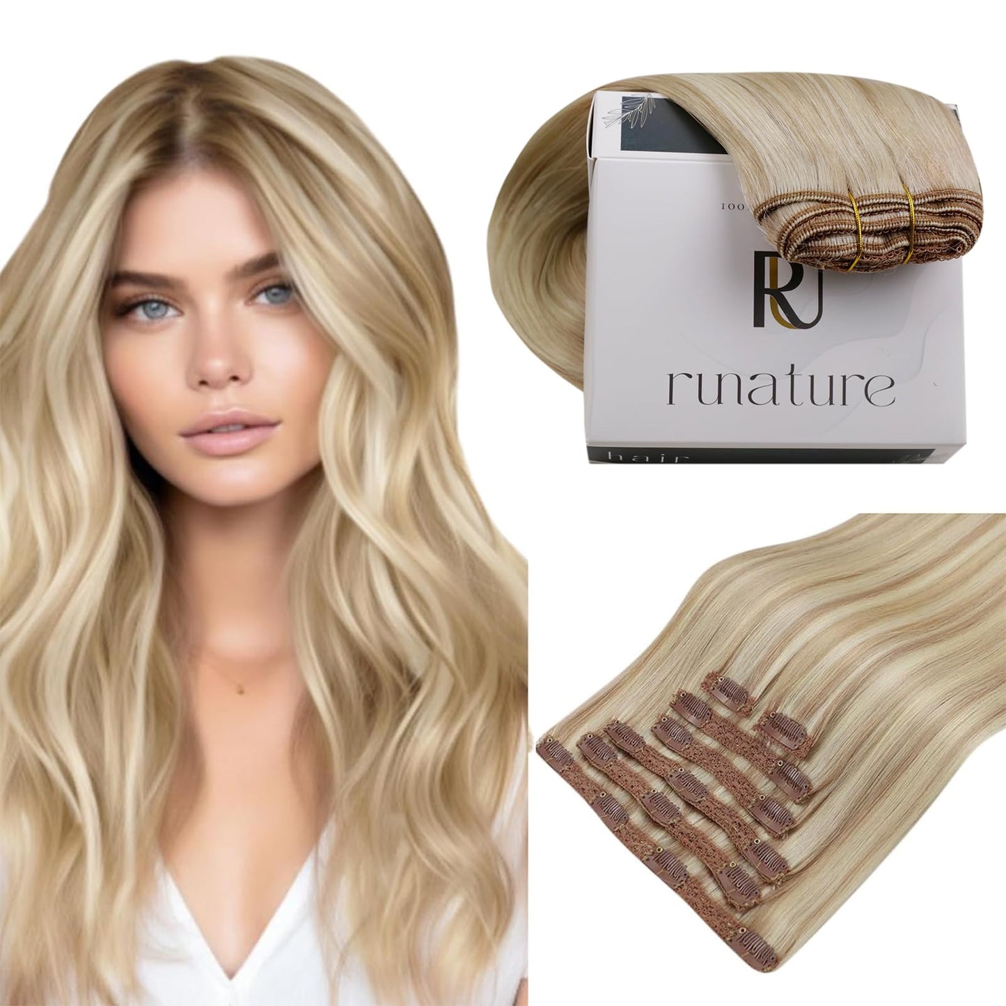 RUNATURE Blonde Clip in Hair Extensions Human Hair, Real Hair Extensions Clip in Human Hair, Remy Thick Hair for Women, Double Weft, 12 Inch 80g 7pcs #18P60 Ash Blonde HIghlight