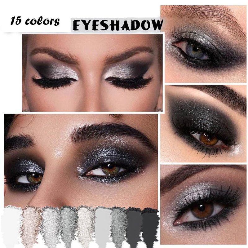 GUANTIAN Black Smoky Eye shadow Palette, 15 Colors Black Dark Grey Smokey Goth Eyeshadow Pallet, Matte High Pigmented Basic White Gray Eyeshadow For Woman