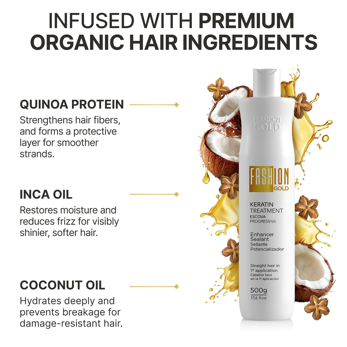 FASHION GOLD Keratin Hair Treatment (10 USES per Bottle), Keratina para Alisar el Pelo, Hair Botox Treatment, At Home Keratin Treatment, Alisados Organicos SIN FORMOL, Verdadera Keratina Brasileña