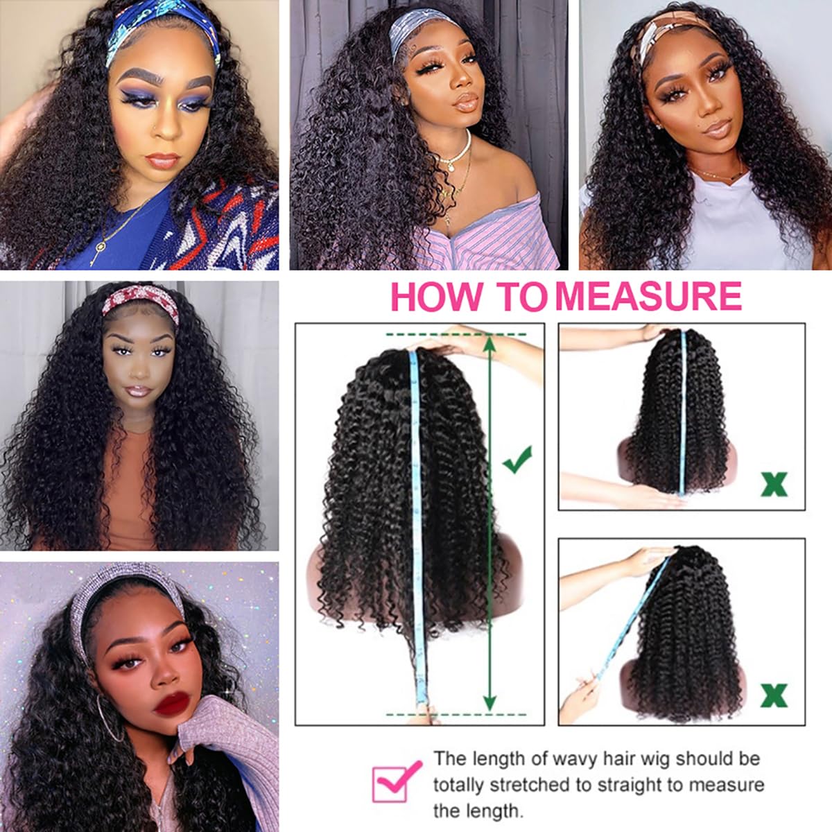 Maytune Headband Wig Curly Human Hair 14 Inch Headband Wigs Glueless Deep Wave None Lace Front Wigs for Black Women Water Wave Headband Wigs 150% Density Natural Color