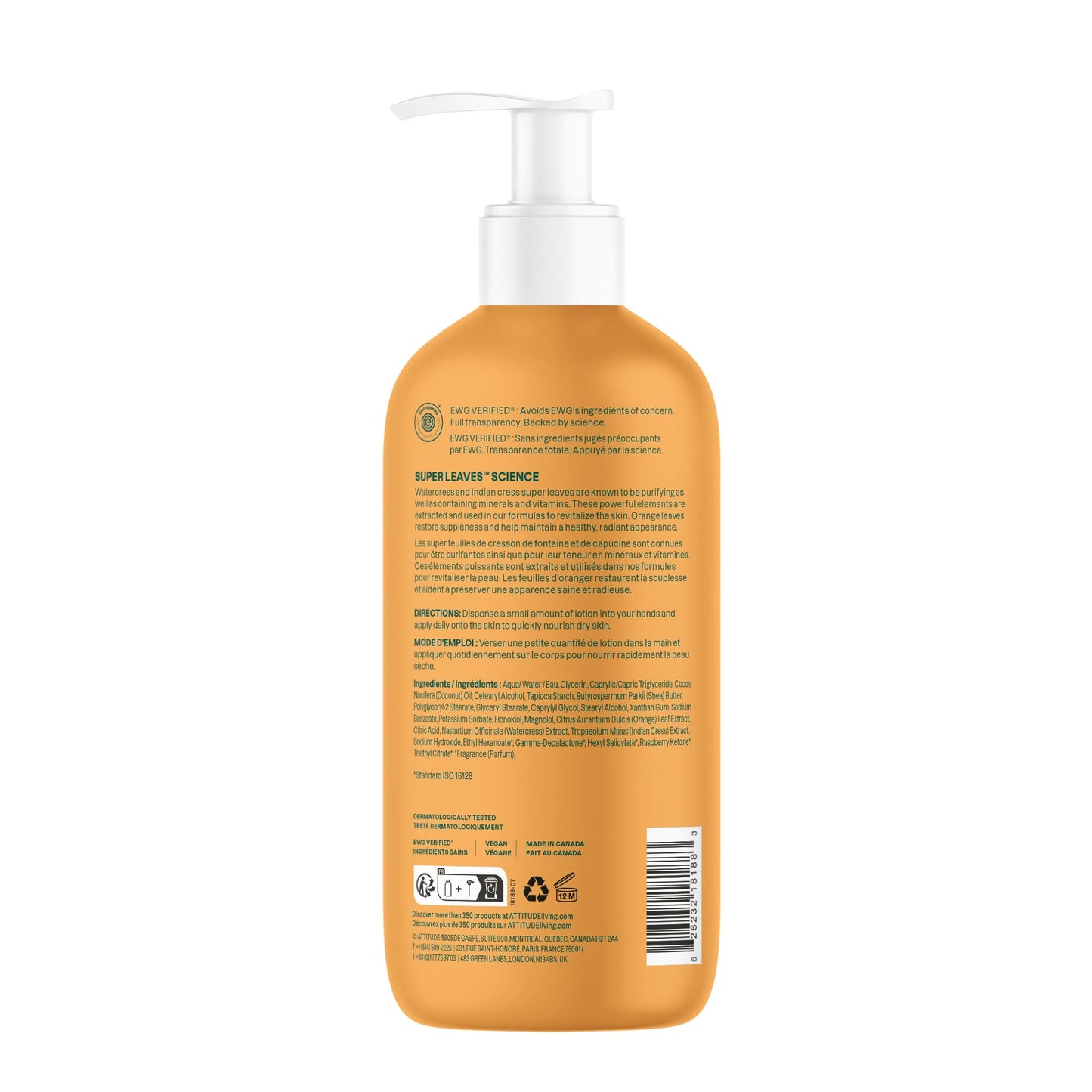 ATTITUDE Body Lotion, EWG Verified Moisturizer, Vegan Skin Care Products, Non-Greasy, Hydrating for Dry Skin, Cruelty Free, Orange Blossom & Eucalyptus Scent, 16 Fl Oz