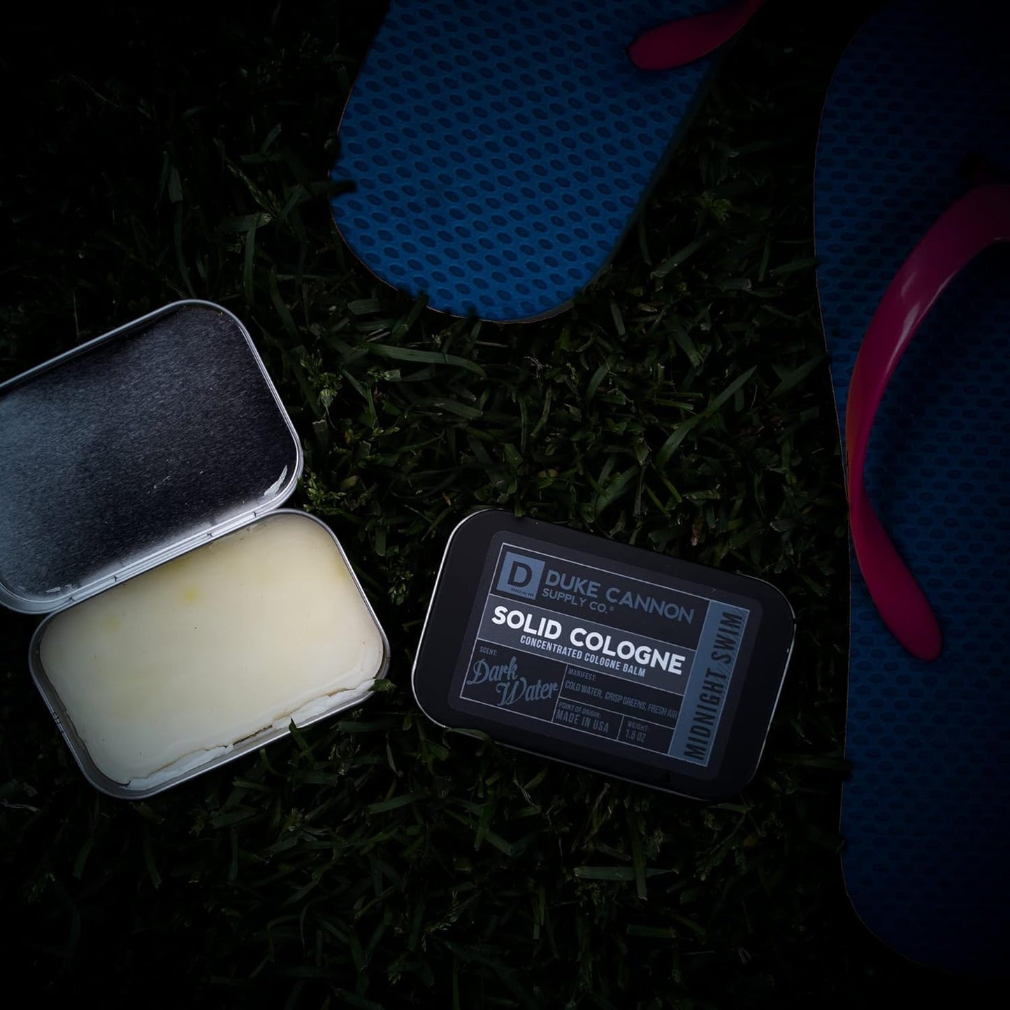 Duke Cannon Supply Co. Solid Cologne for Men Midnight Swim - Cold Water, Crisp Greens, Fresh Air - Concentrated Balm, Coconut Oil, Travel-Friendly Tin, 1.5 oz (1 unit)