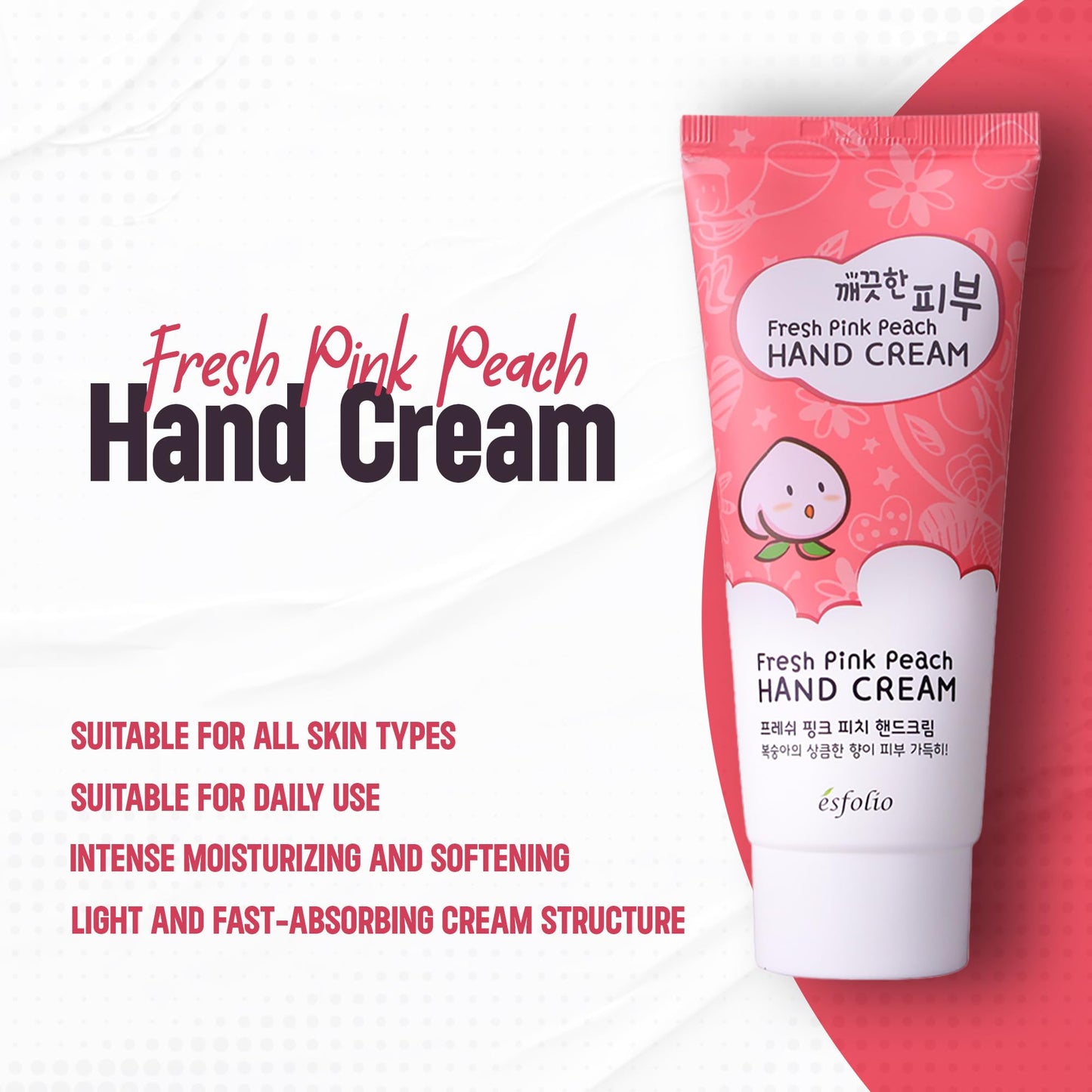 esfolio Fresh Pink Peach Hand Cream – Moisturizing Korean Hand Lotion with Peach & Apricot Extracts – Softens, Hydrates & Smooths Dry Skin – Lightweight Non-Greasy Formula (3.38 OZ/100ML)