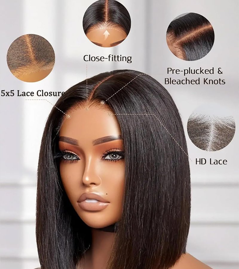 Sogram Bob Wig Human Hair 13x6 Lace Front Wigs Human Hair 180% Density Straight Frontal HD Transparent Short Bob Wigs for Black Women Pre Plucked Blunt Cut Wig(12 Inch)