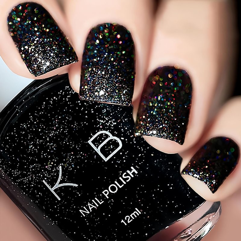 COSMOO Black Glitter Quick Dry Nail Polish 12ml, Shimmer Chip Resistant DIY Nails Art for Ladies, Vegan, Fast Drying, Streak, Long Lasting