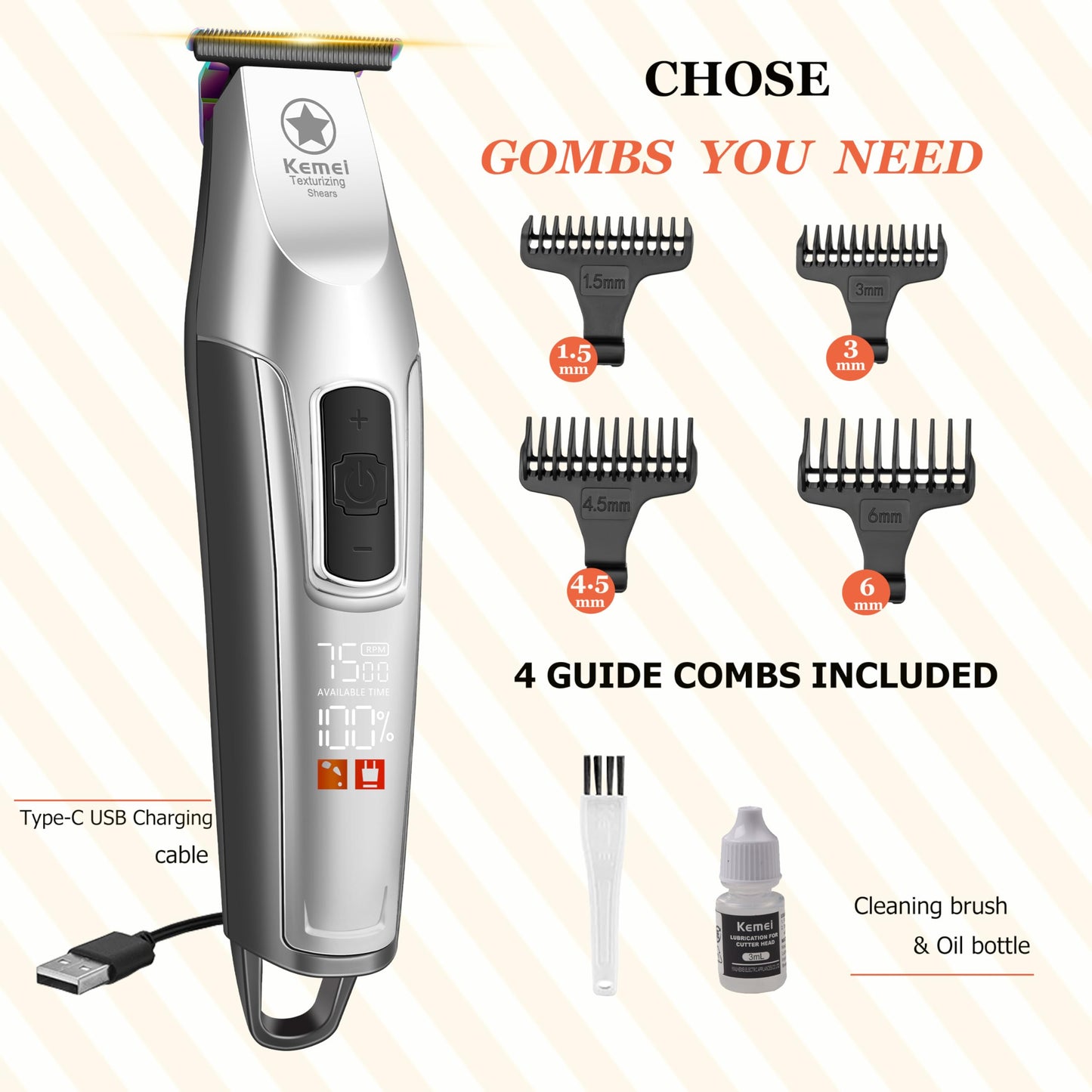 KEMEI Hair Trimmer for Men, Professional Hair Clippers Cordless Zero Gapped Trimmer with LCD Display Trimmers for Barbers with T Blade Beard Trimmers 3 Adjustable Speeds KM-1919 Gray
