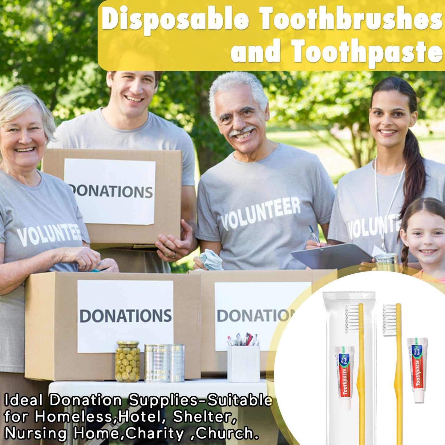 HOFASON Disposable Toothbrushes with Toothpaste Pack of 200, Bulk Travel Toothpaste and Toothbrush Set Yellow Hollow Toothbrush 5g Tooth Paste Individually Wrapped for Homeless Shelter Charity Hotel