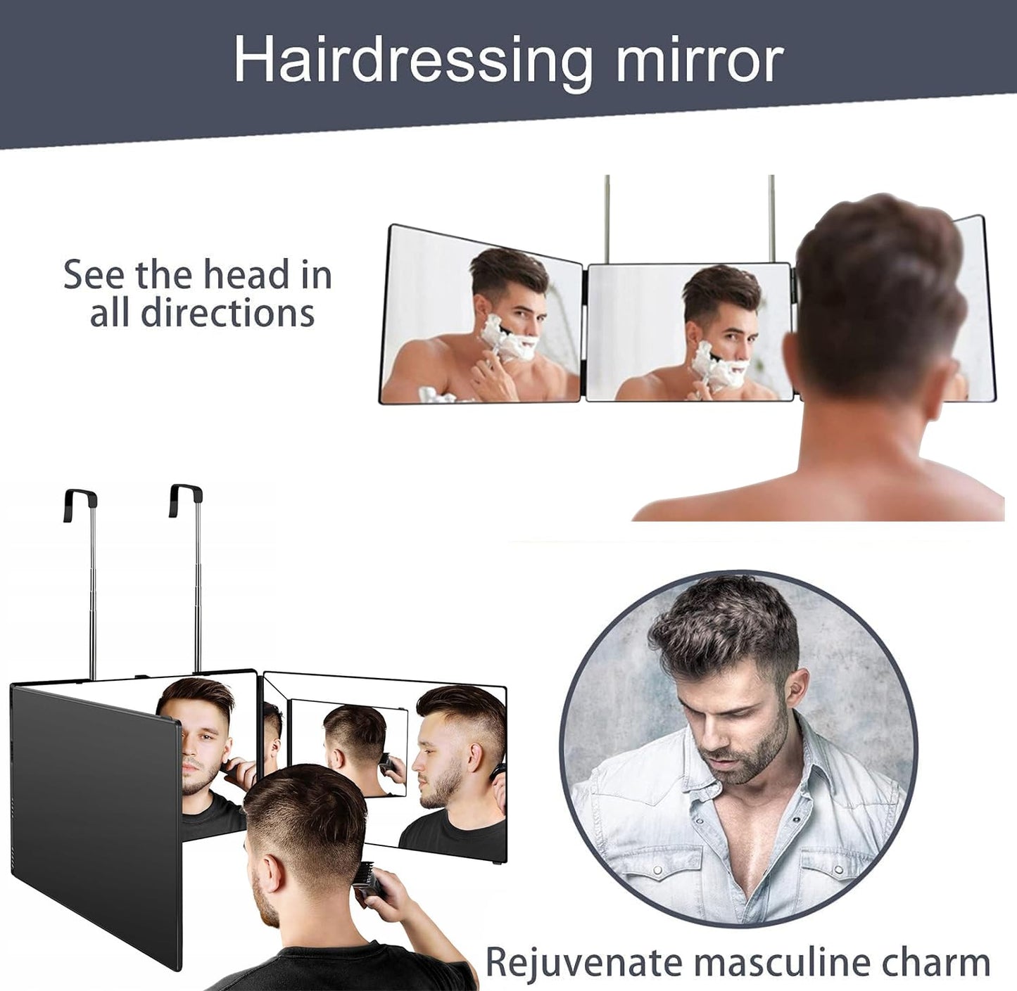 JANMPASK LED 3 Way Mirror Trifold to See Back of Head for Self Hair Cutting Barber Supplies Accessories 360 Makeup Vanity Mirror with Light