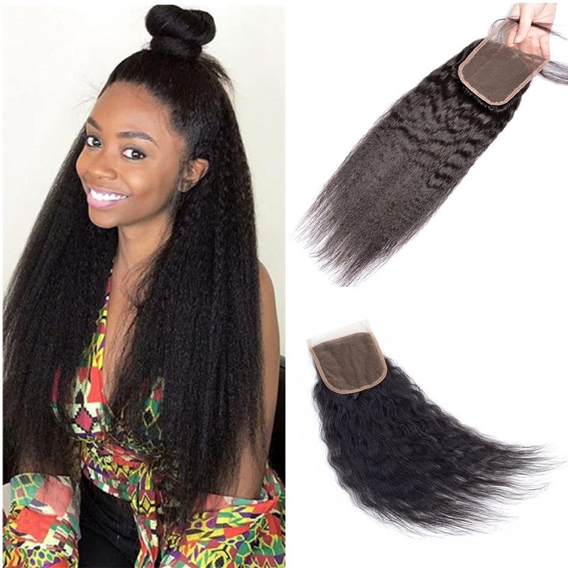 Brazilian Kinky Straight 4x4 Lace Closure 100% Unprocessed Human Virgin Hair Pre Plucked Coarse Italy Yaki Pre-Plucked Hairline Closure Natural Black With Baby Hair (14inch, kinky straight closure)