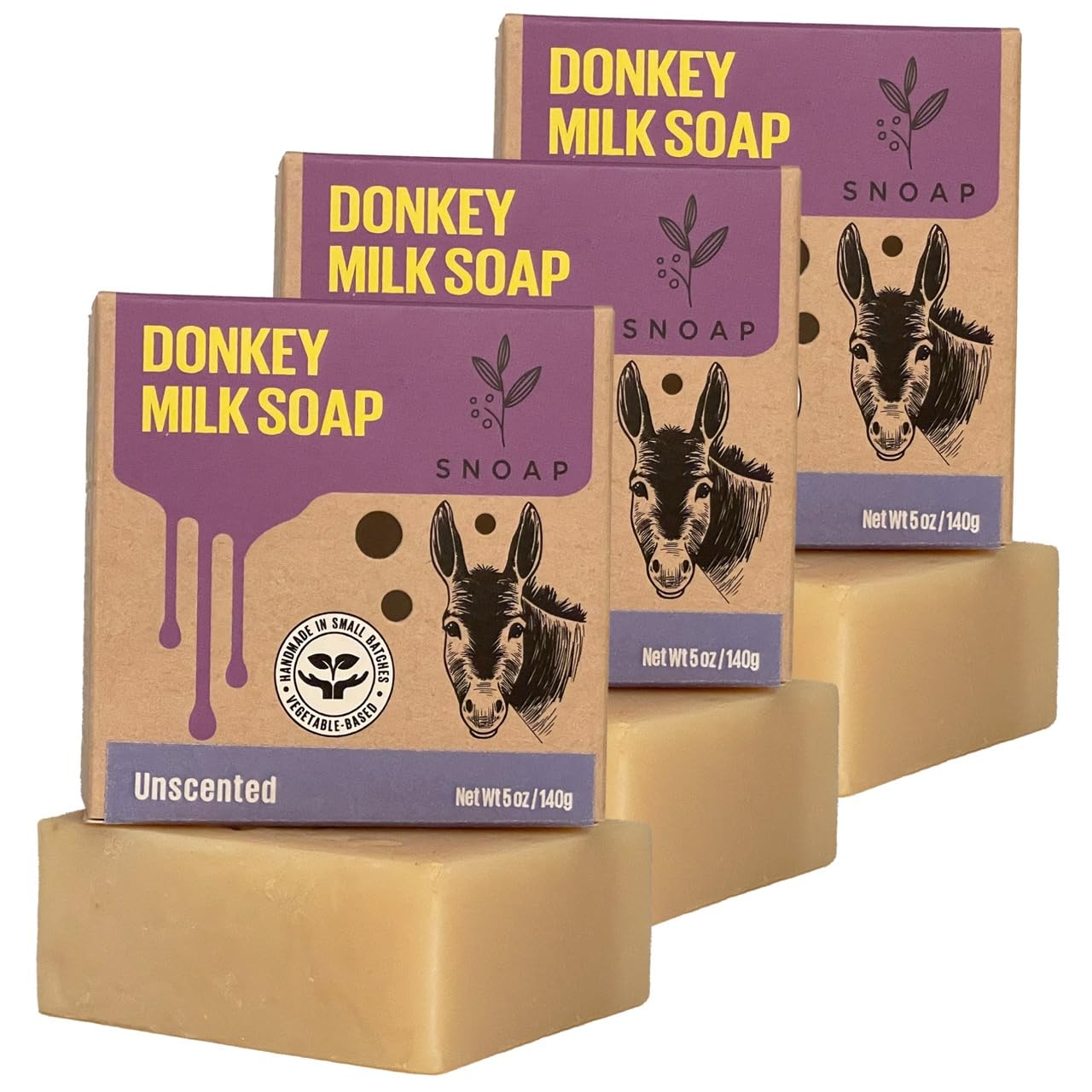 SNOAP Unscented Donkey Milk Soap Bar – Fragrance-Free, Handmade Natural Soap for Sensitive Skin, 5oz (Pack of 3)