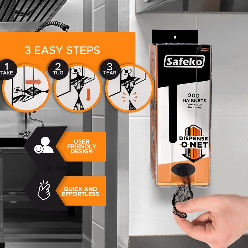 SAFEKO Dispense-O-Net Hairnet Dispenser & Wall Mount | Black Hairnets + Wall Mount | Lightweight Nylon Hairnets | Latex-Free
