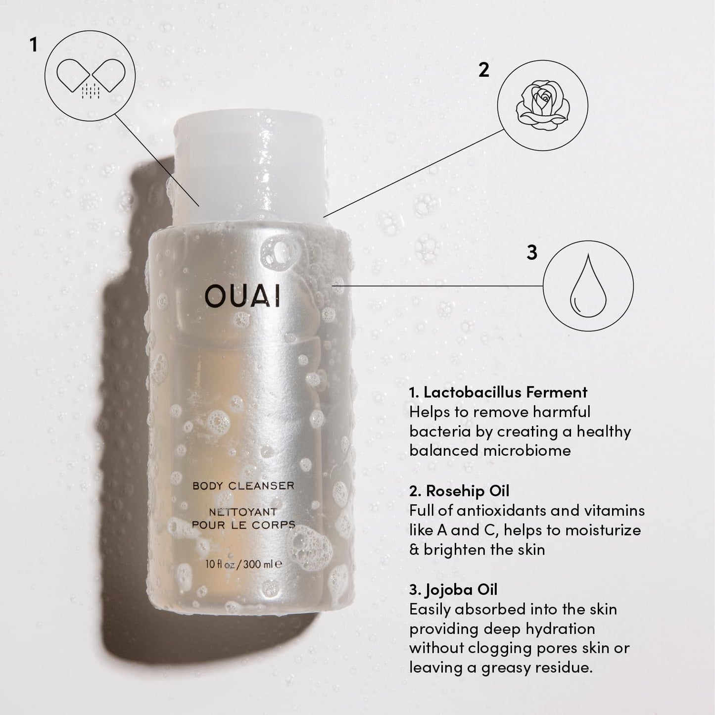 OUAI Body Cleanser - Hydrating Foaming Body Wash with Jojoba & Rosehip Oil | 10 Fl Oz