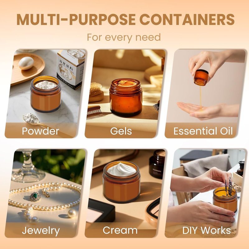 Amber Glass Jars - 2oz Cosmetic Containers with Lids & Labels | 24 Pack for Creams, Lotions, Body Butter
