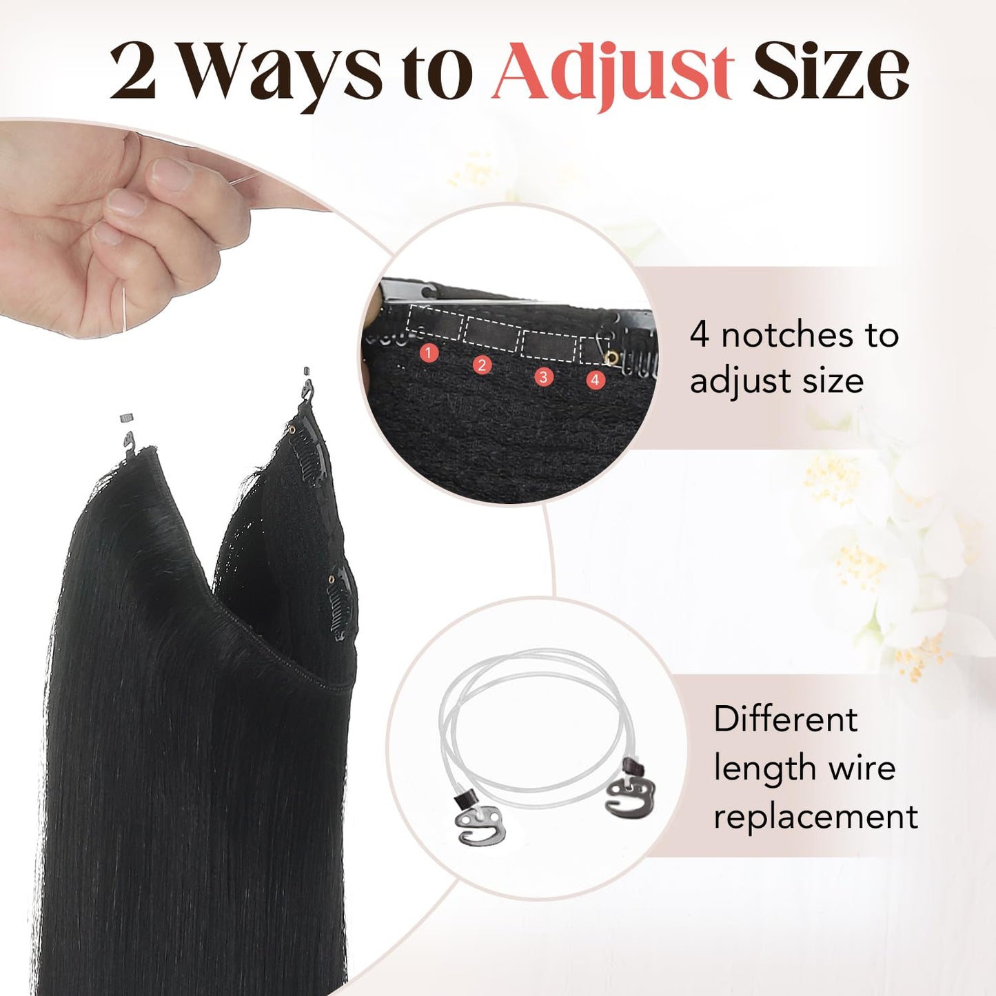 XDhair Hair Extensions Wire Human Hair 70g 14 Inch Hairpieces Jet Black Invisible Wire Hair Extensions with Adjust Secure 4 Clips(#1-14inch)