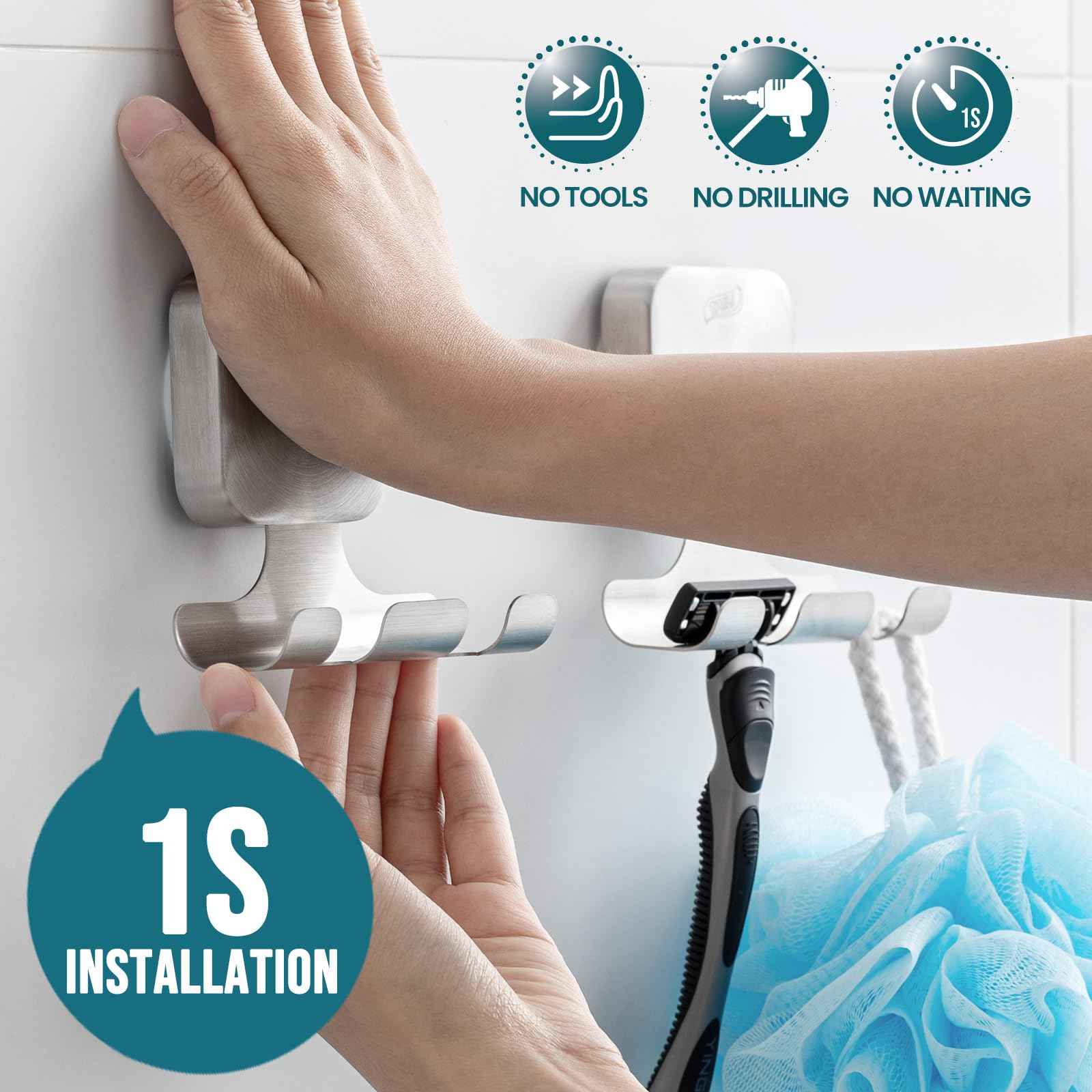 TAILI Powerful Suction Cup Razor Holder 2 Pack, Stylish 304 Stainless Steel Bathroom Suction Hooks for Towel, Loofah, Bathrobe, Shaver Holder for Shower Wall, Easy to Install and Reuse, Silver