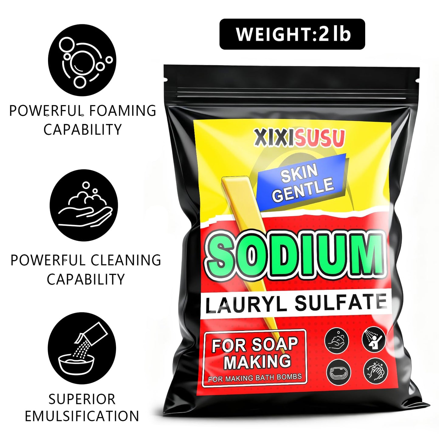 XIXISUSU Sodium Dodecyl Sulfate (SDS) 99% Pure - Sodium Lauryl Sulfate for Shampoo, Toothpaste & Cleaning Products (2 Pounds)