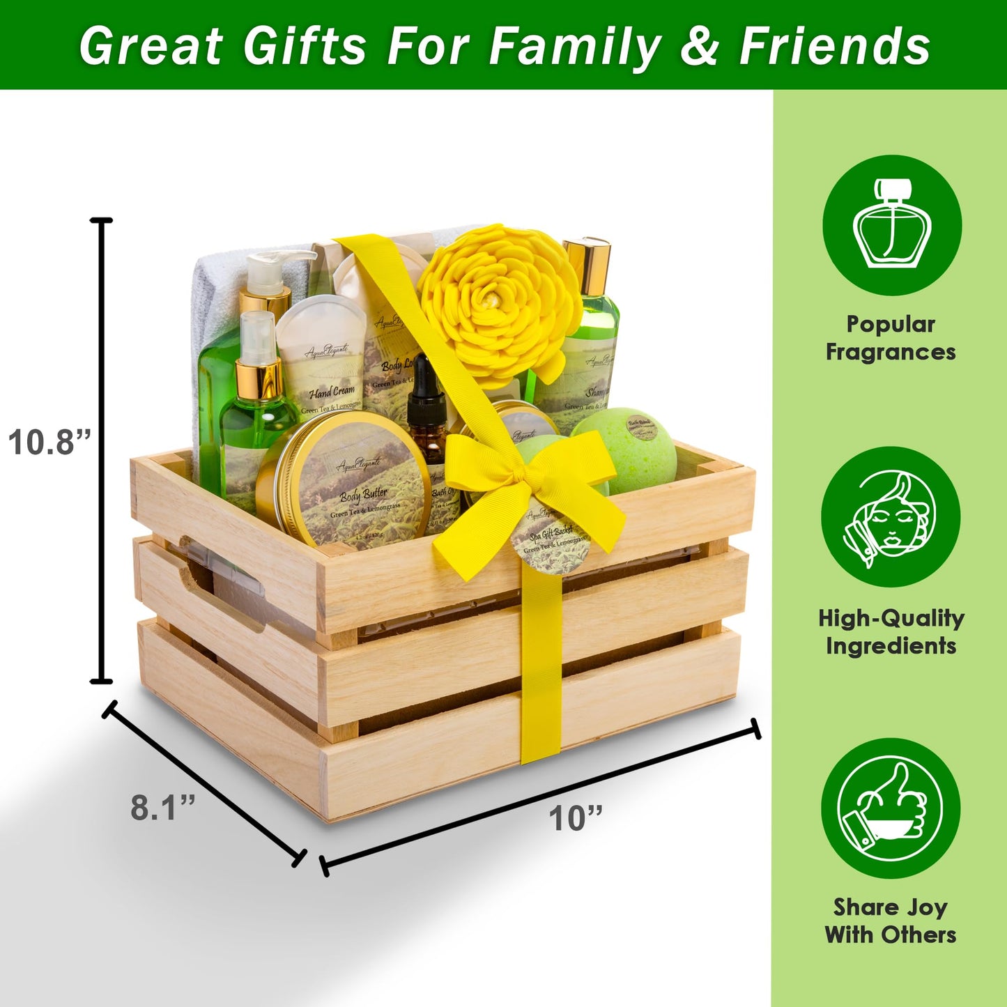 Aqua Elegante Full Spa Gift Set - 15 Piece Premium Bath Basket with Wash, Bubbles, Lotion, Salts, Body Scrub, Towel, Shower Puff, Bathbombs, Reusable Basket, Gifts for Women - Green Tea & Lemongrass