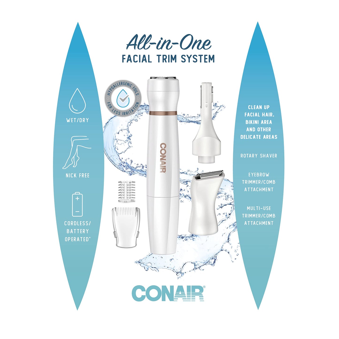 Conair All-In-1 Facial Hair Removal for Women, Cordless Electric Trimmer, Perfect for Face, Ear/Nose, Eyebrows, and Bikini Lines