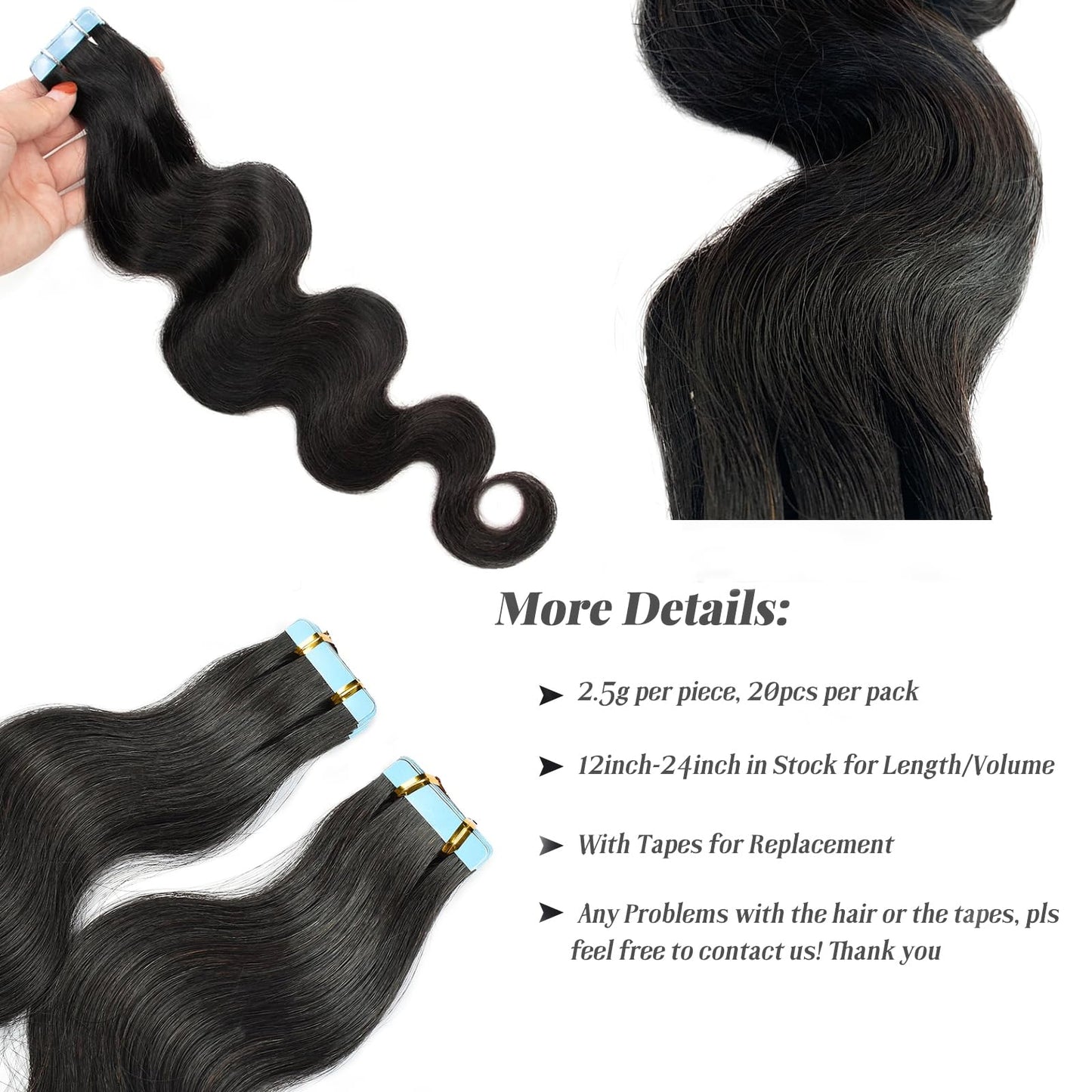 Wavy Tape in Hair Extensions Human Hair Short Black Body Wave Tape in Extension 50g 20pcs Double Sided Natural Tape ins for Black Women Body Wave Hair Extensions Real Human Hair 14 Inch