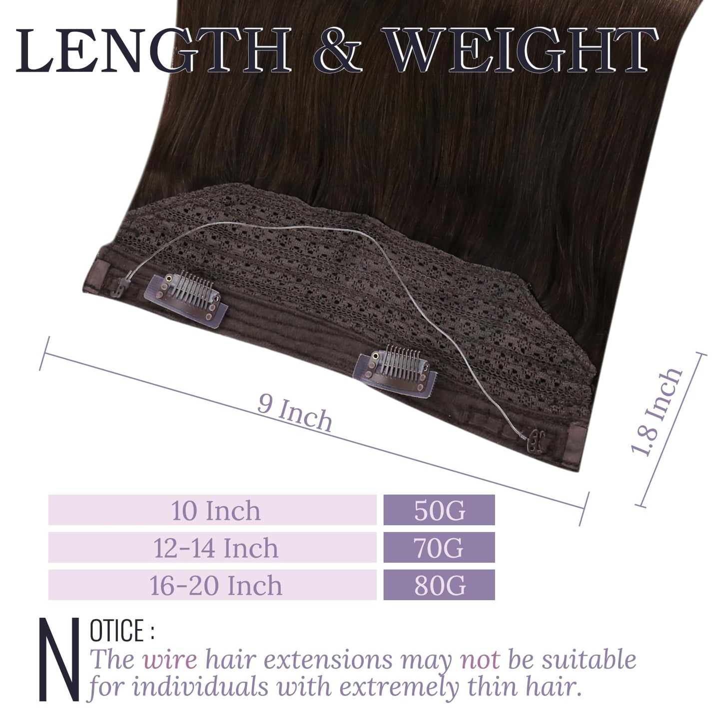 Fshine Invisible Wire Hair Extensions, Dark Brown Color 10 Inch 56G Hidden Wire Human Hair Extensions, Clip in One Piece Straight Hair for Women Add Volume